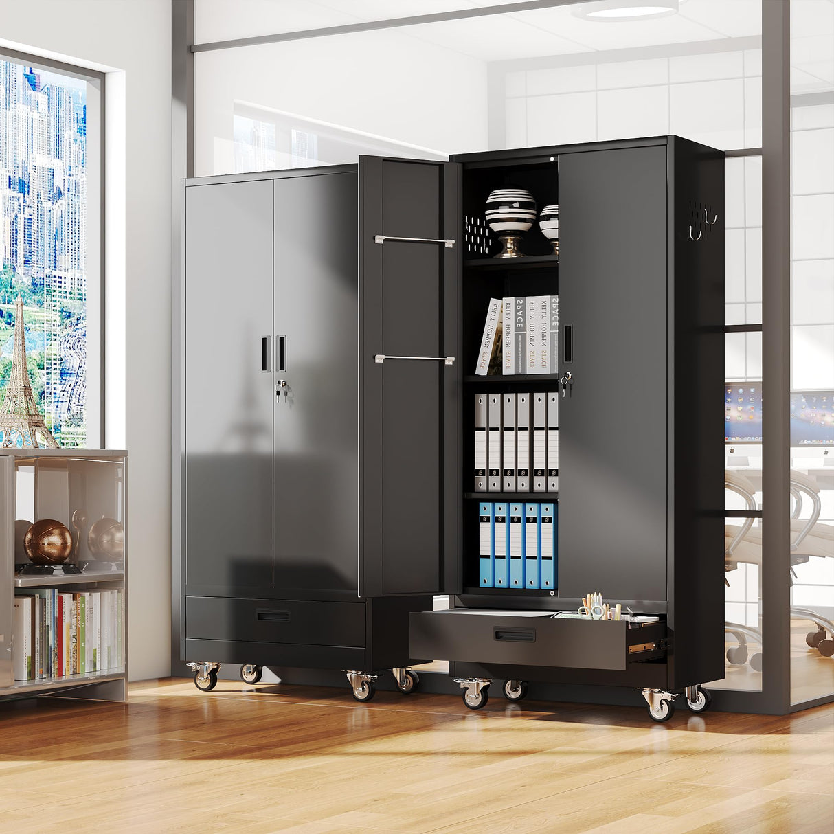 SUXXAN Broom Closet with Wheels 71"x 31.5"x15.75", Metal Cleaning Cabinets with Drawer Hooks and Hanging Rods, Lockable Cabinet with Pegboard, Adjustable Shelf,for Garage, Laundry Room SUXXAN