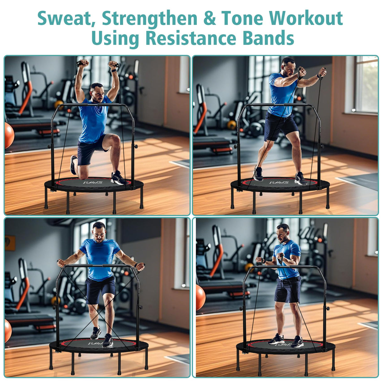 RAVS Mini Trampoline for Kids Adults 40"/48" Foldable Fitness Rebounder Kids Trampoline with 5 Levels Height Adjustable Handle Resistance Bands Indoor Workout RAVS