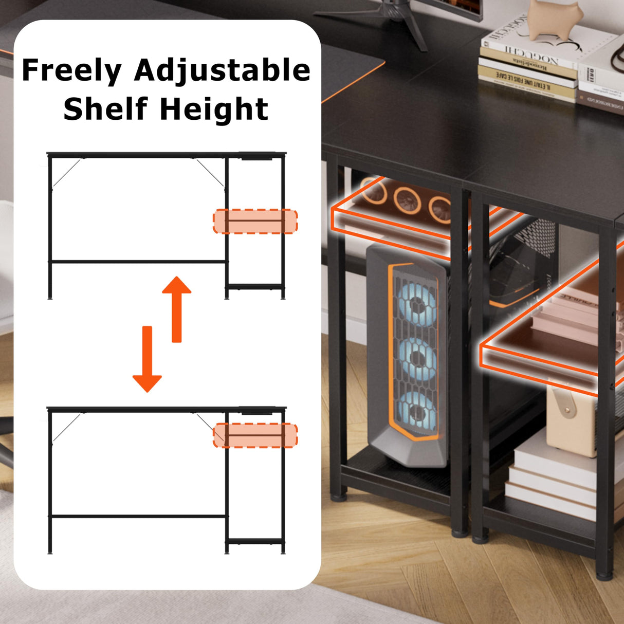 JOISCOPE Home Office Desk with Double Reversible Side Shelves and Headphone Hooks, Computer Desk for Working, Gaming, Studying, 60 inches, Black JOISCOPE
