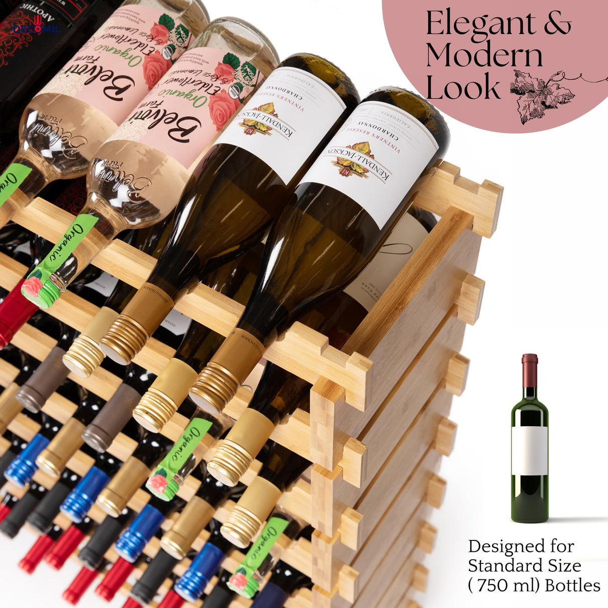 DECOMIL - 72 Bottle Stackable Modular Wine Rack Wine Storage Rack Solid Bamboo Wine Holder Display Shelves, Wobble-Free (Eight-Tier, 72 Bottle Capacity) DECOMIL