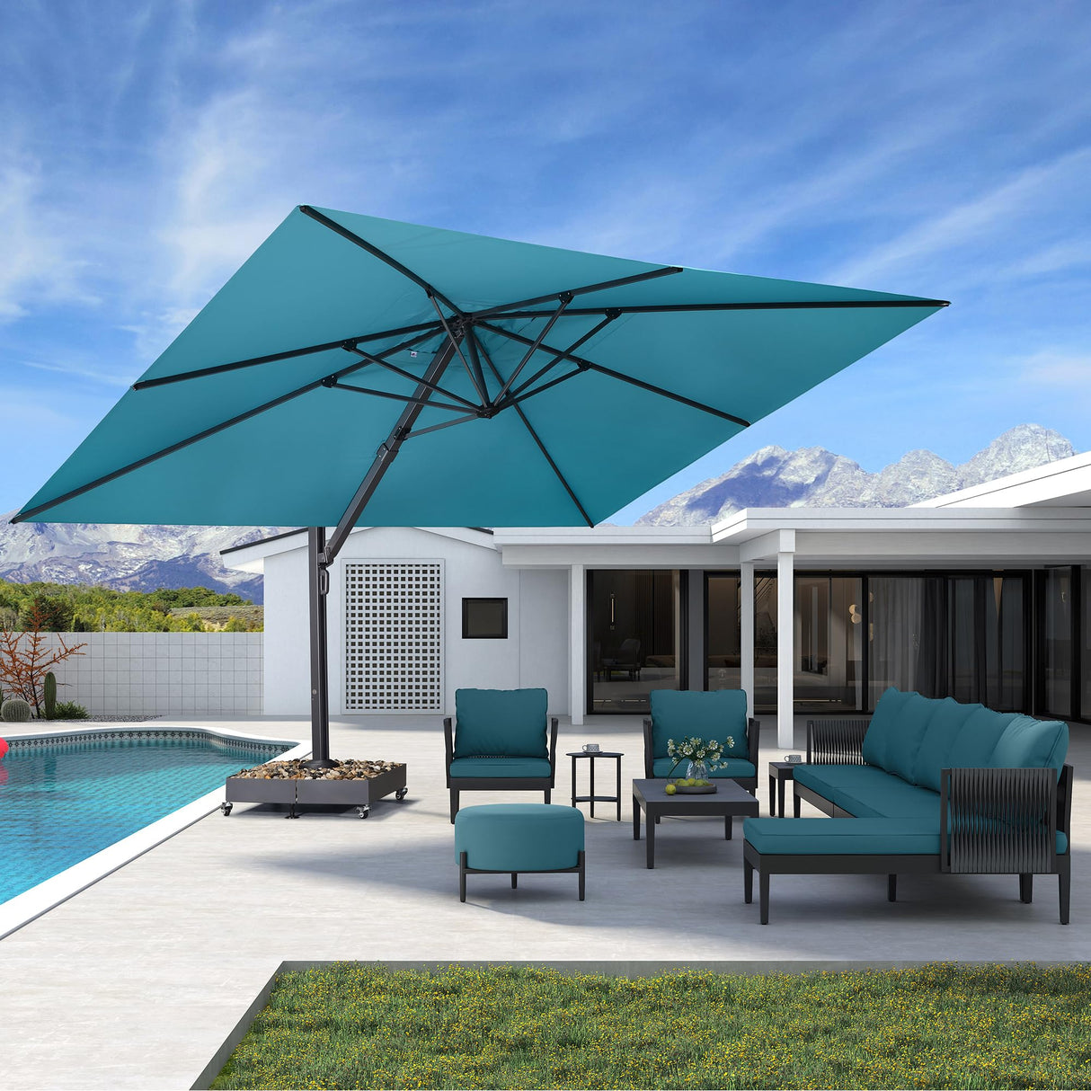 PURPLE LEAF 11' X 15' Rectangle Patio Umbrella Large Outdoor Aluminum Umbrella Offset Umbrella with 360-degree Rotation Cantilever Umbrella for Garden Deck Backyard Pool Turquiose Blue PURPLE LEAF