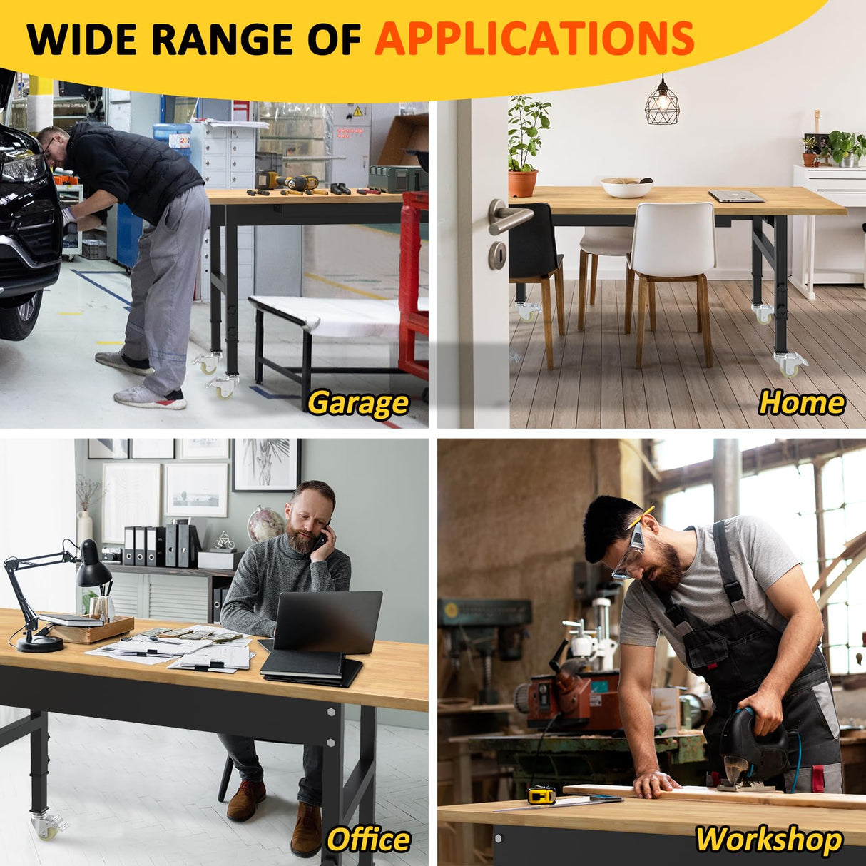 Kieperi 60” Rubberwood Work Bench with Drawers, Heavy Duty Adjustable Workbench with Power Outlet and Wheels, 2000 Lbs Capacity Workstation for Garage Kieperi