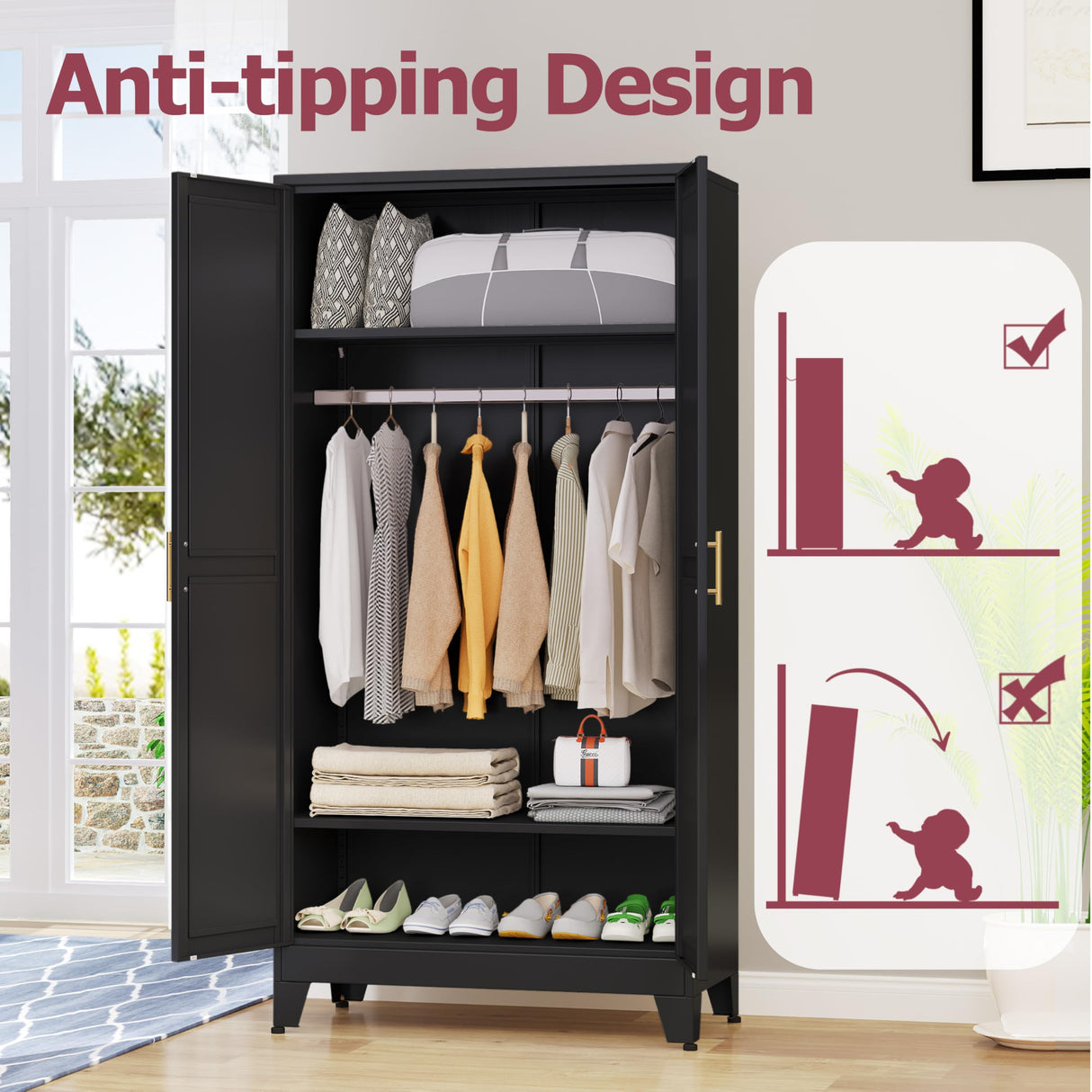 GAIOUS Metal Wardrobe Cabinet with Hanging Rod, 71" Metal Clothing Storage Cabinets with 2 Doors and Adjustable Shelves, Black Armoire Wardrobe Closet for Bedroom, Laundry Room, Cloak Room GAIOUS