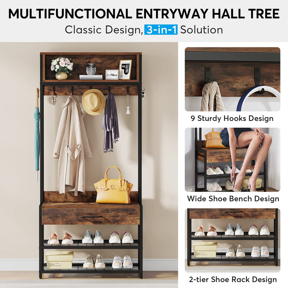Tribesigns 3-in-1 Entryway Hall Tree with Drawer, Vintage Industrial Coat Rack with Shoe Bench and Hutch, Mudroom Bench with Shoe Storage Rack and 9 Hooks for Living Room Bedroom (Brown) Tribesigns
