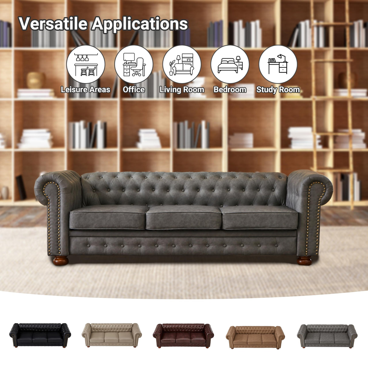 N NOORDENIYA Chesterfield Leather Sofa, 89" Mid Century Modern Couch with Low Back, Roll Arm Nailhead Trim Classic 3 Seater Couch for Living Room, Office, Apartment, Faux Leather Dark Grey N NOORDENIYA