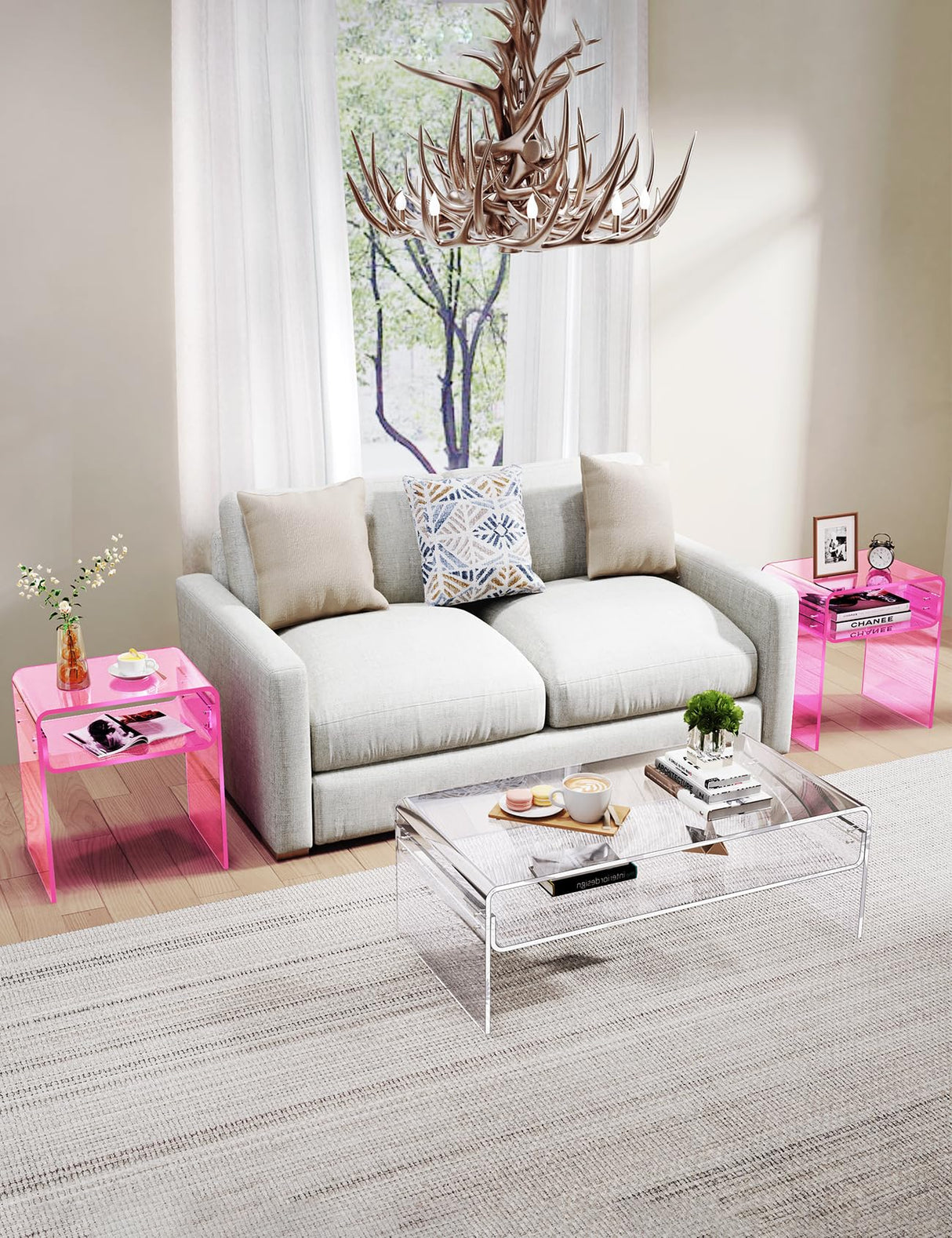 solaround Clear Acrylic End Table 2-Tier Bedside nightstand for Living Room Bedroom Home Decor (Pink) solaround