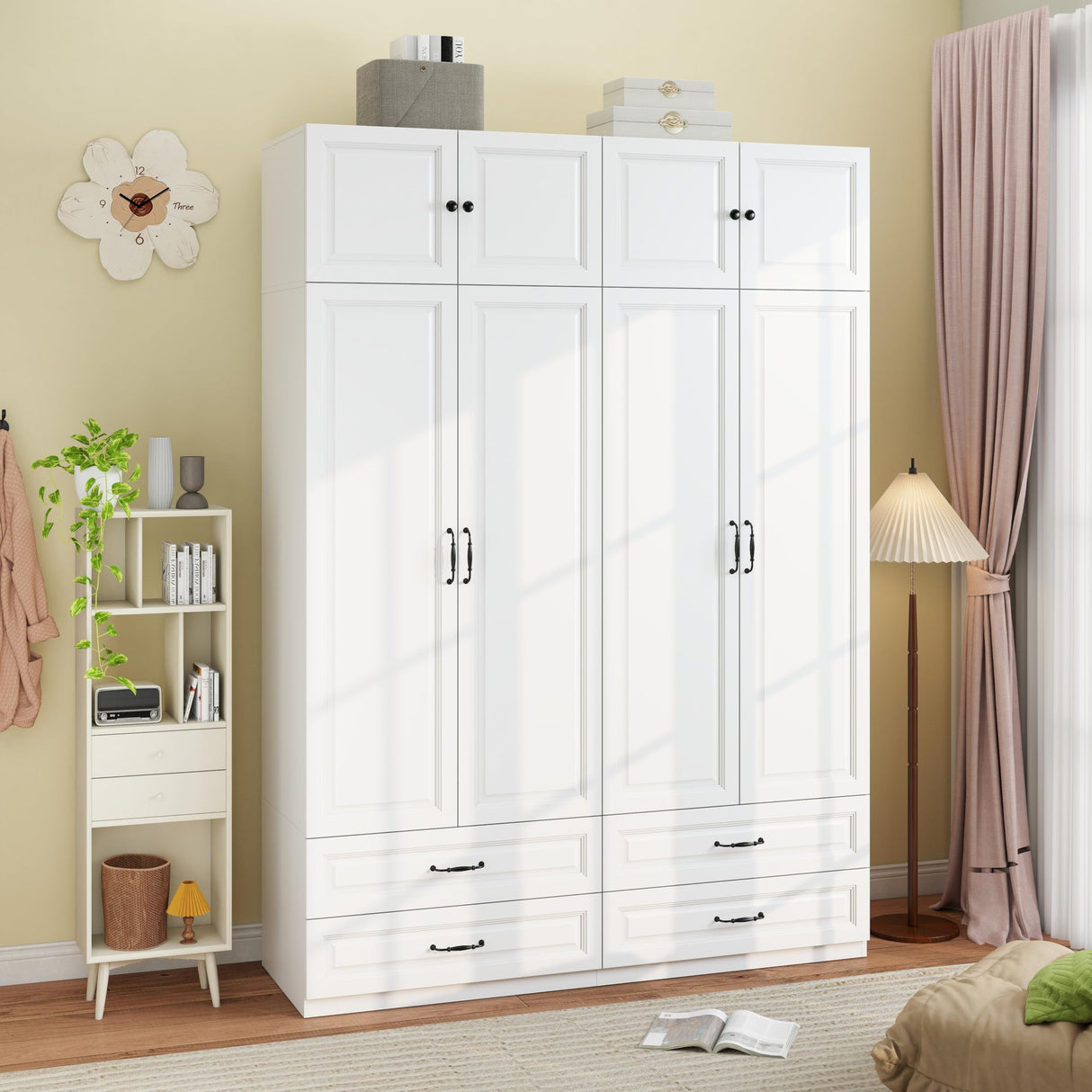 Mhsatyrs Armoire Wardrobe Closet with 4 Drawers: 88" White Bedroom Closet, Wood Wardrobe Closets with 4 Doors, Tall Armoire Cabinet and Storage Shelves for Clothing (63") Mhsatyrs