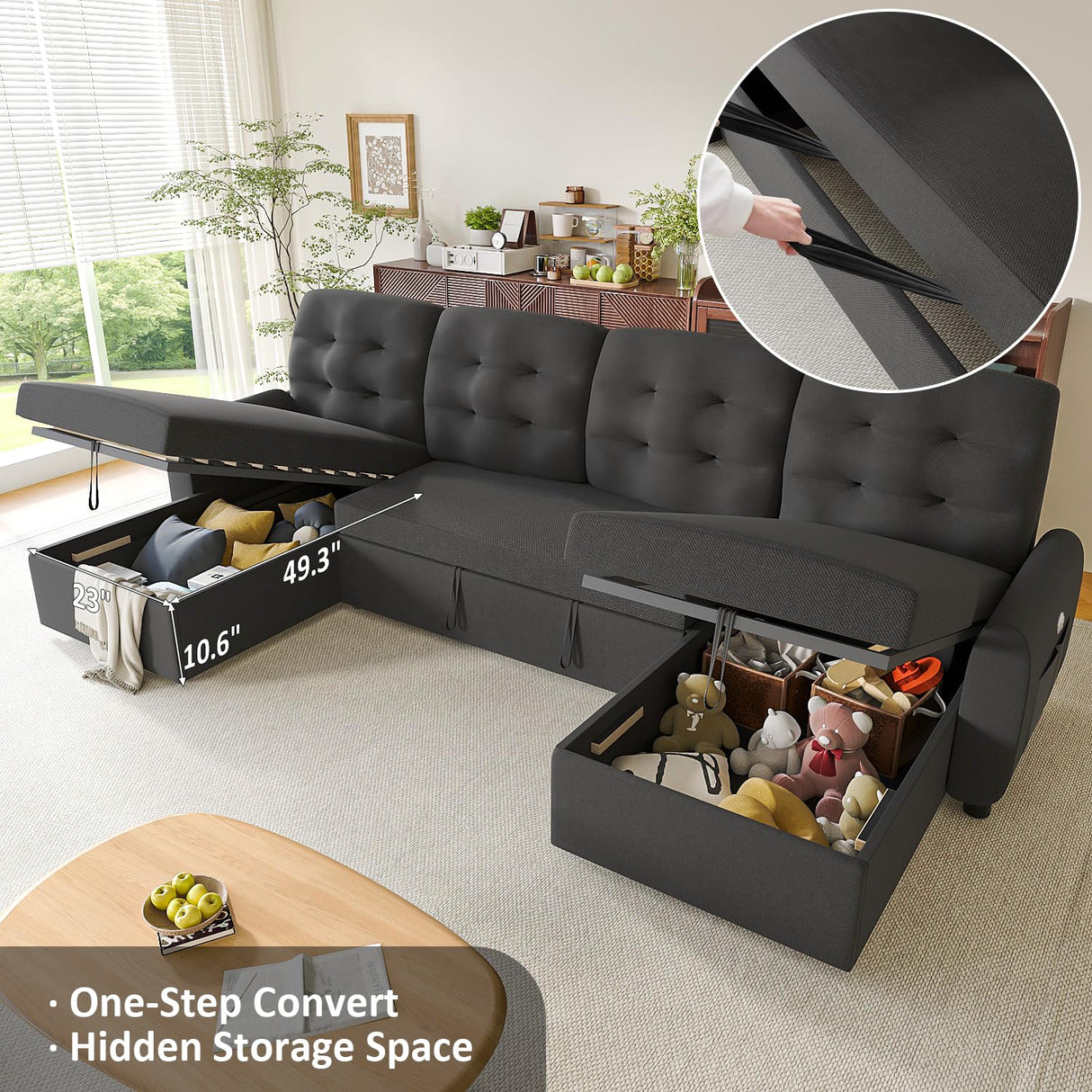 Ucloveria Sleeper Sofa Bed, 112" U-Shaped Sectional Sofa Couches for Living Room, Pull Out Couch Bed with Dual Reversible Storage Chaise | USB Ports | Side Pockets | Removable Backrest Ucloveria