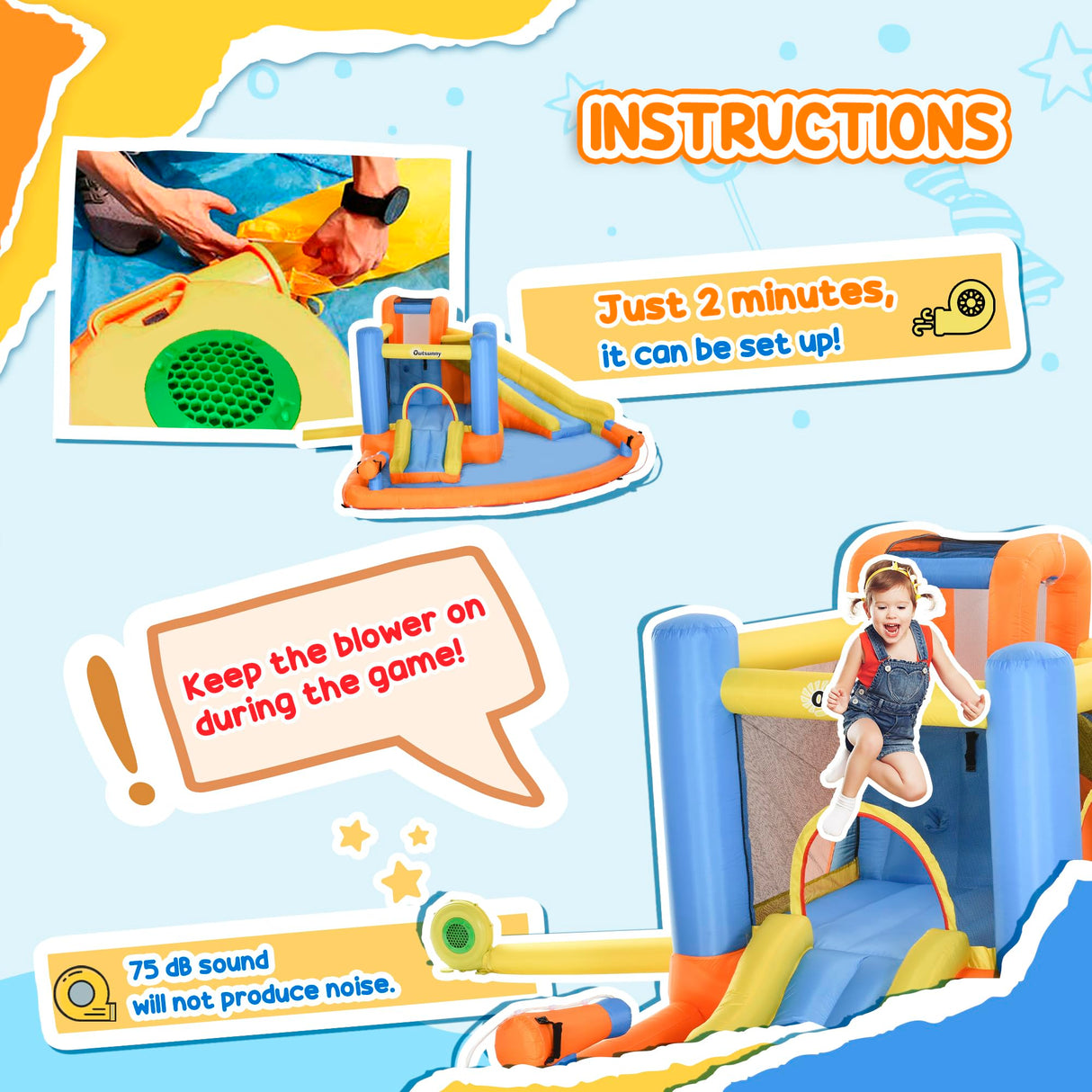 Outsunny 5-in-1 Kids Inflatable Bounce House Jumping Castle with Water Pool, Slide, Climbing Walls, & 2 Water Guns, Orange, Blue, Yellow Outsunny