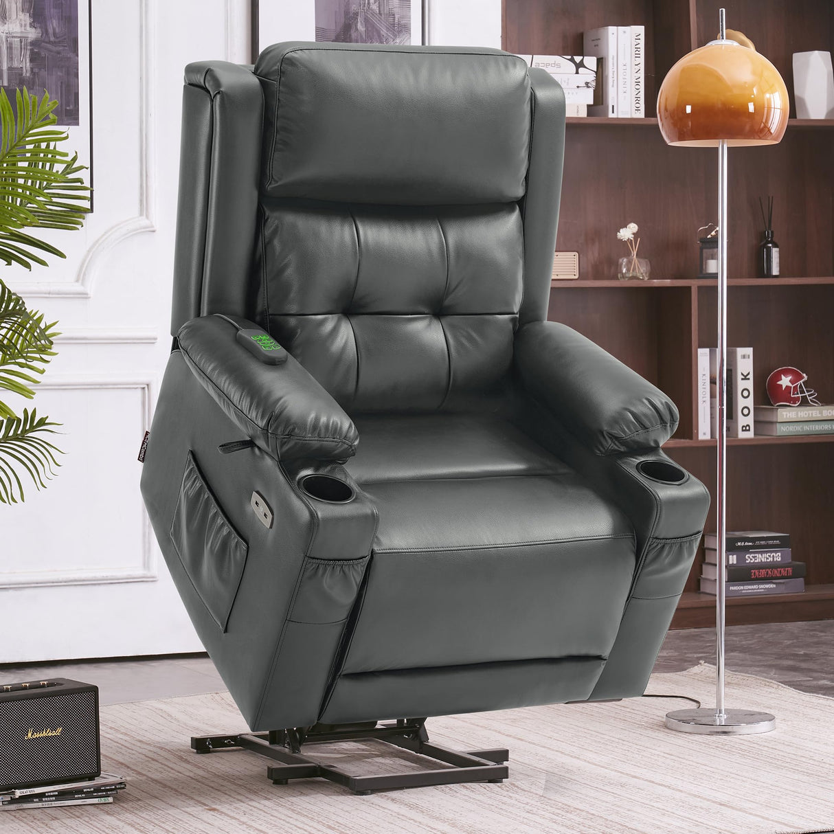 MCombo Large Triple Motor Power Lift Recliner Chair with Massage and Heat for Elderly People, Adjustable Headrest, Infinite Position, USB Ports, Faux Leather 7662 (Dark Grey, Large) MCombo
