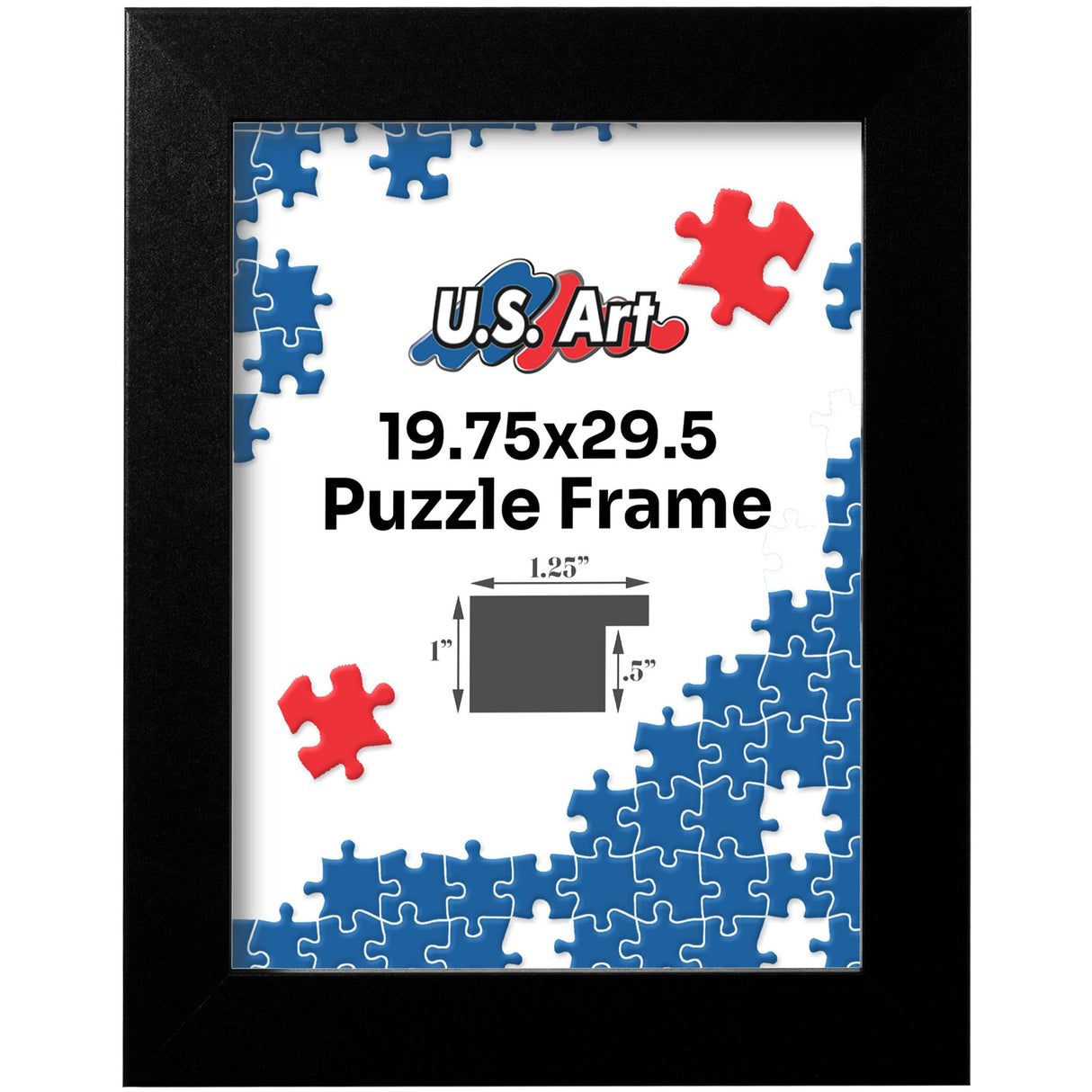 US Art Black 19.75x29.5 Puzzle Frame 1.25" Inch Wide - Handmade American Picture Frames with Preinstalled Hangers and UV Blocking Plexiglass, 19.75x29.5 Frame US Art