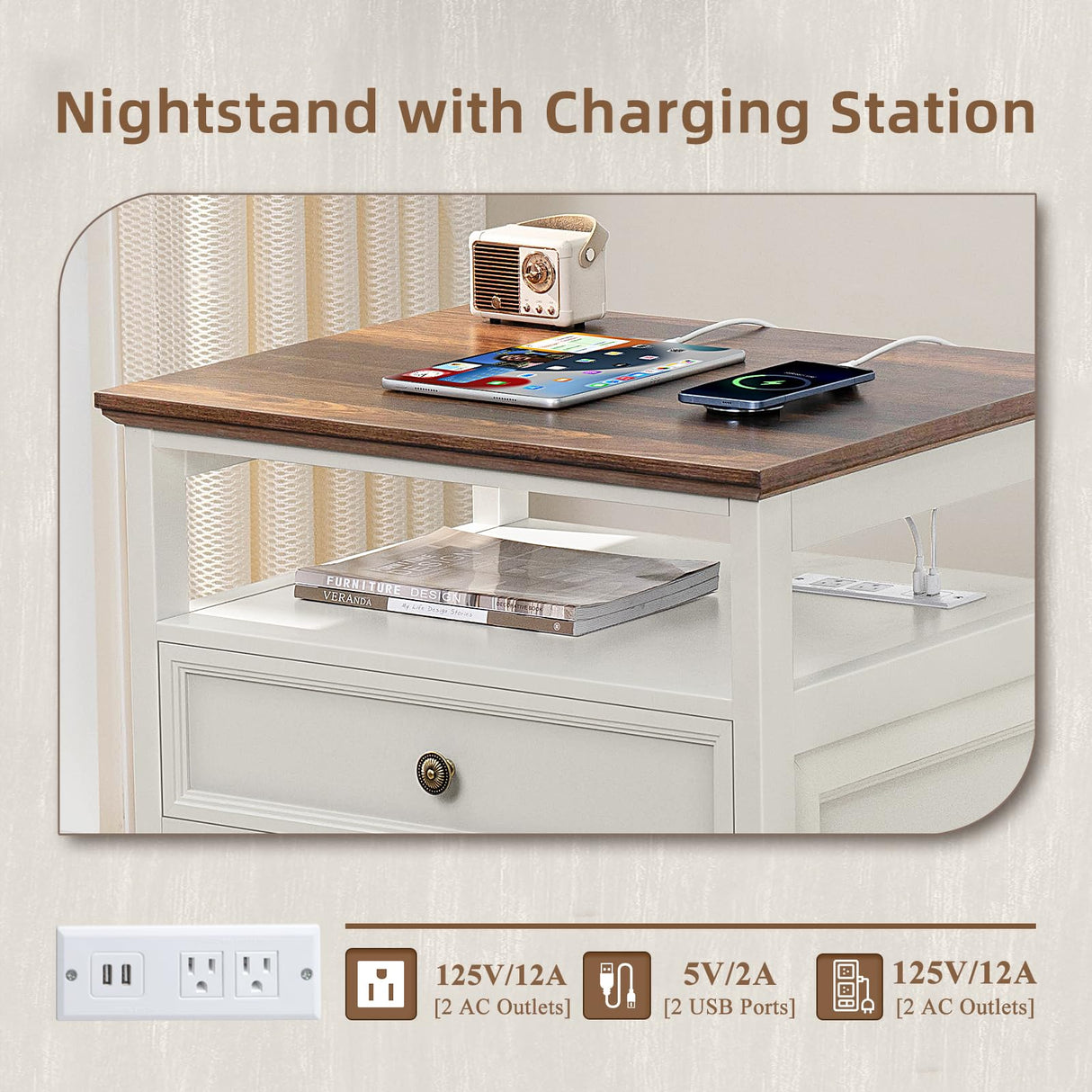 Joaxswe Farmhouse Nightstand Set of 2 with Charging Station, 24" Wide End Table with 2 Drawers,Dresser for Bedroom,Bed Side Table Chest of Drawers Cabinet,Wood White Night Stand for Living Room Joaxswe