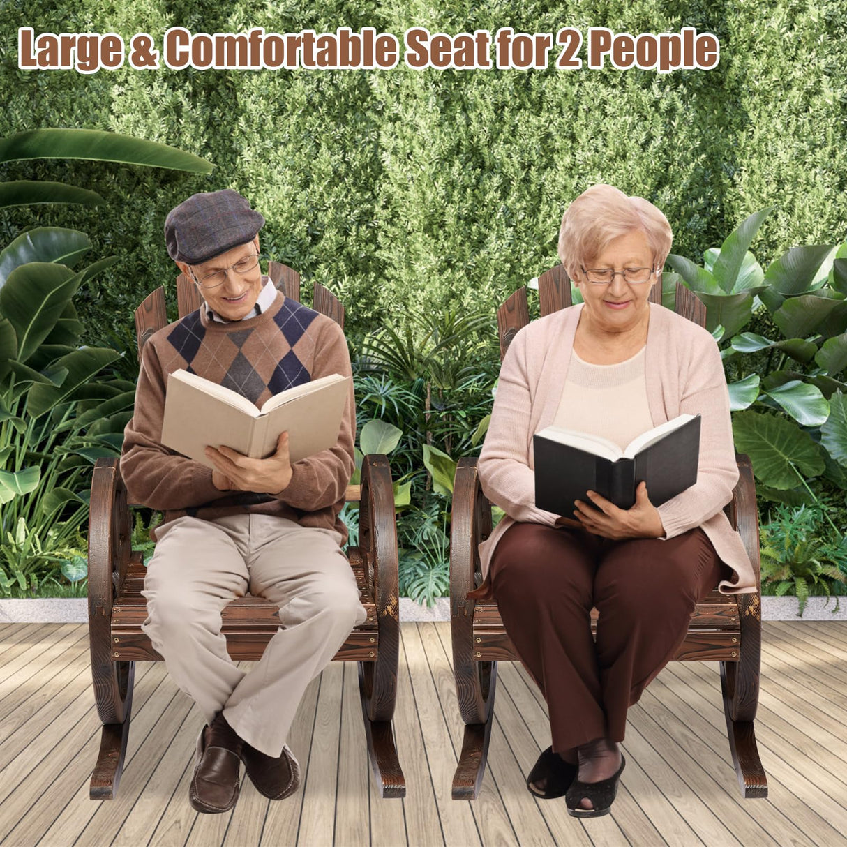 kinbor Rustic Outdoor Rocking Chairs Set of 2 - Rocker Chairs Wooden with Oversized Back and Wagon Wheel Armrest, Porch Patio Lawn Garden Furniture, Brown kinbor