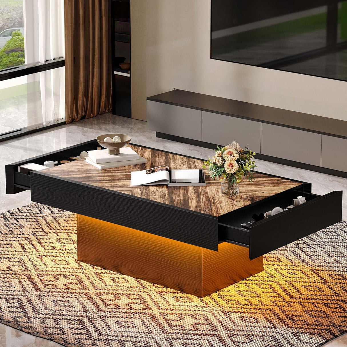 YITAHOME LED Game Coffee Table with 2 Drawers Storage, Rectangle Modern Gaming Black Coffee Tables Engineered Wood Low Coffee Tables for Living Room Decor, Farmhouse Rustic Center Table, Black YITAHOME