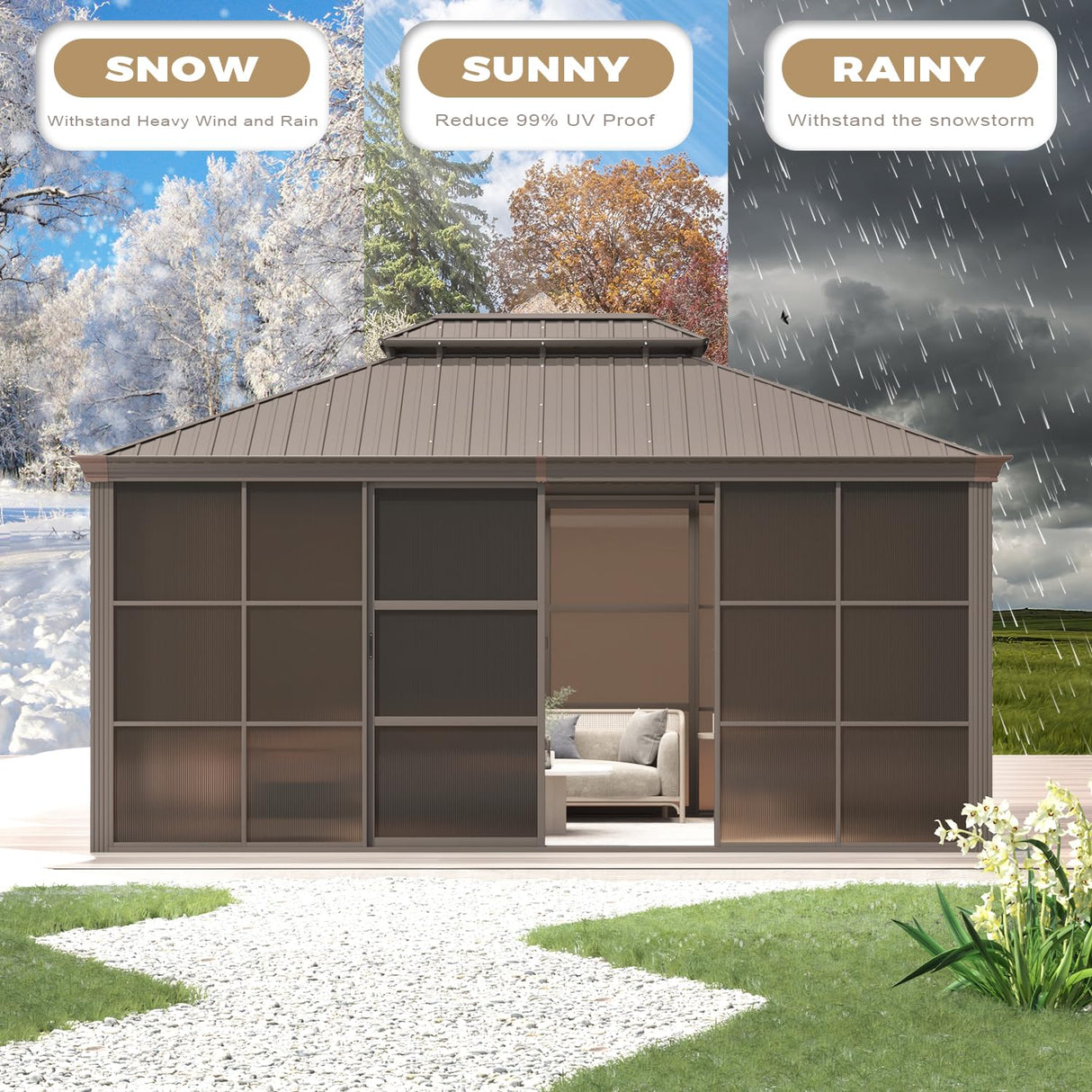 EROMMY 12' x 16' Sunroom, All-Season Gazebo Solarium with Galvanized Steel Roof, Aluminum Frame, Outdoor Permanent Sun Room with Sliding Door EROMMY