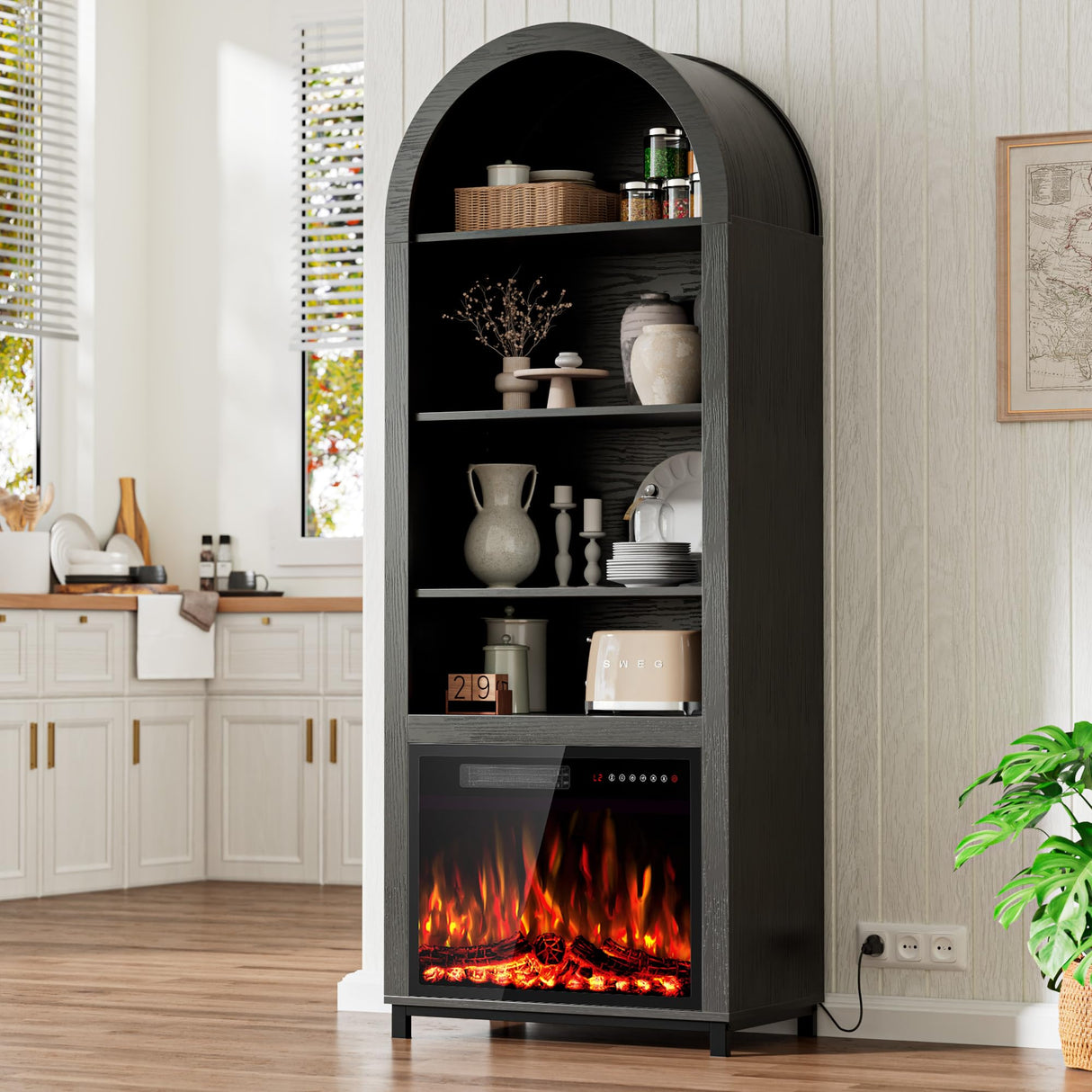 2-in-1 Arched Cabinet with Electric Fireplace–Black Bookcase, Open Book Shelf for Living Room, 71” Tall Wooden Display Cabinet, Kitchen Pantry, Adjustable Shelves, 23'' ETL-Certified Fireplace Insert BREEZEHEAT
