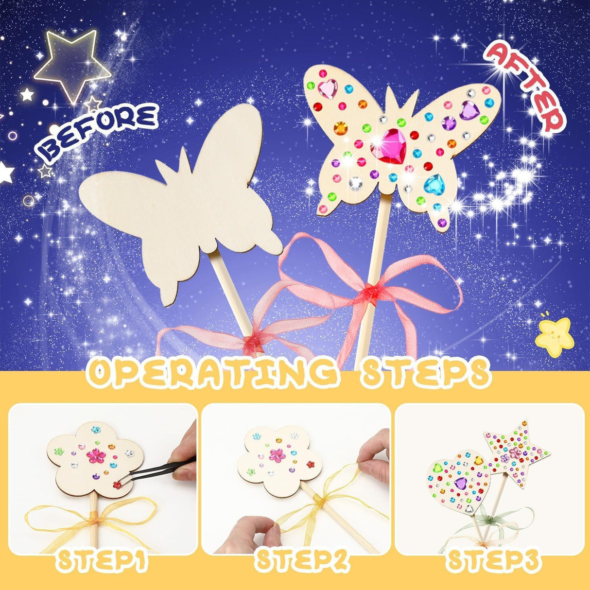 AUGSUN 43Pcs Princess Fairy Wands Kit, 20Pcs Wood Fairy Wands 20 Ribbons with 3 Sheets Gem Stickers Birthday Party Supplies Make Your Own DIY Crafts Art Magical Gifts AUGSUN