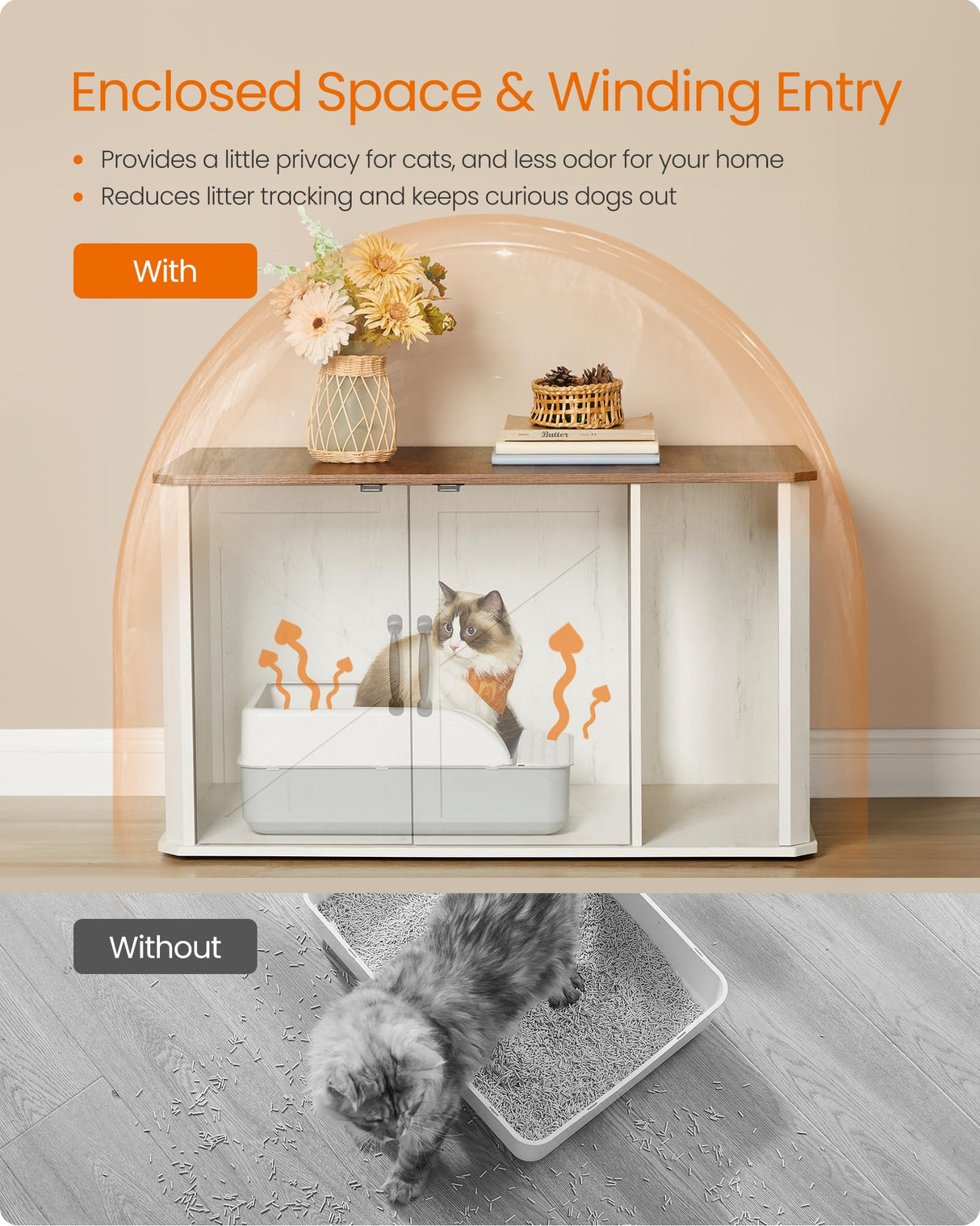 Feandrea Litter Box Enclosure, Modern Cat Litter Box Furniture Hidden, Front Entry, Double Doors, Handles, Cat House, Side End Table, 33.5 x 19 x 19.5 Inches, Honey Brown and Rustic White UPCL012K01 Feandrea