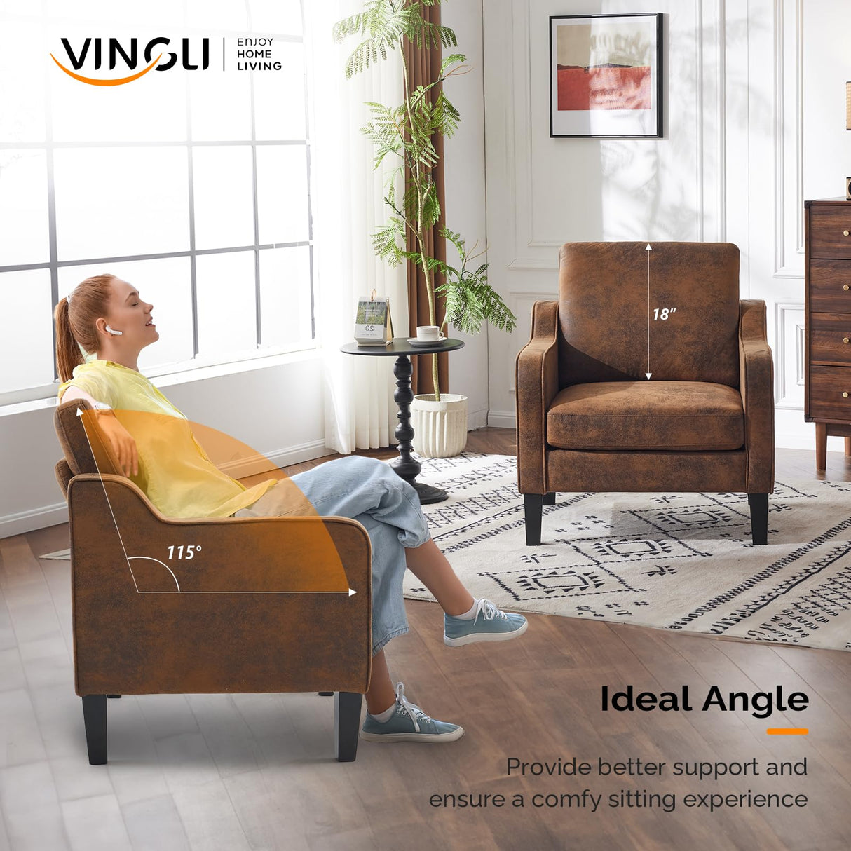 VINGLI Accent Chair for Living Room Chairs Rustic Reading Chair for Bedroom Scooped Arm Chair Mid Century Modern Accent Chairs Upholstered Comfy Chair for Apartment, Waiting Room VINGLI