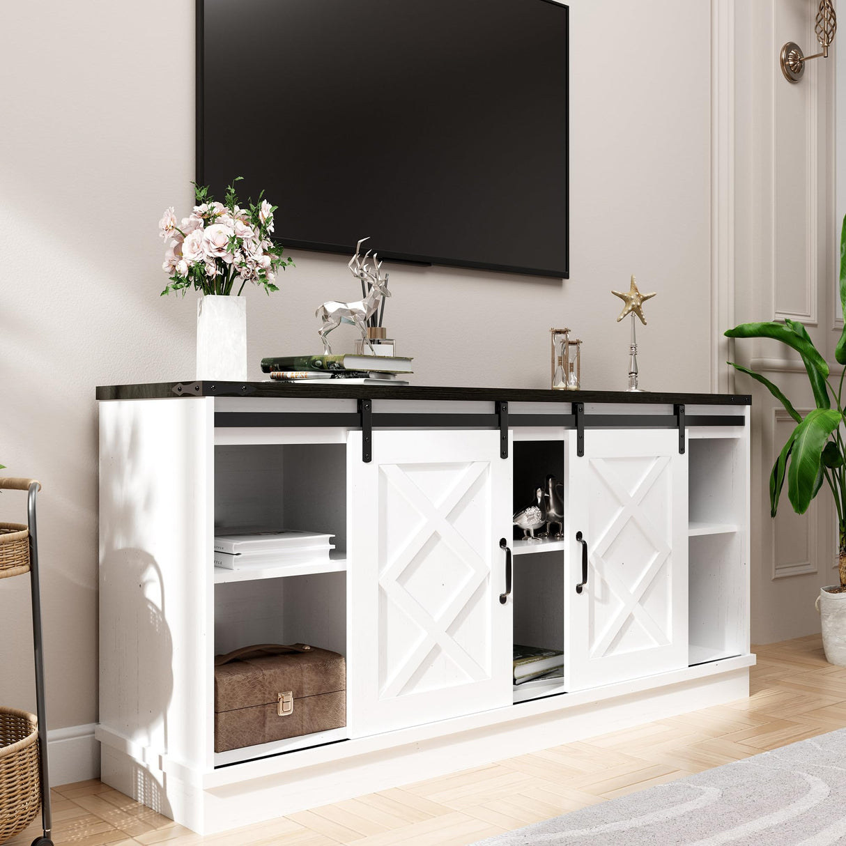 Boyel Living Farmhouse TV Stand for TVs up to 65 Inches,Farmhouse Entertainment Center with 2 Slicing Barn Door,Tv Consol for Living Room,Morden White Boyel Living
