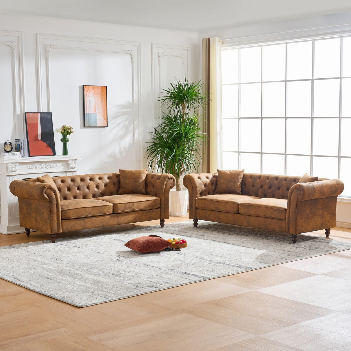 Mid Century Modern Faux Leather Couch Set of 2, Tufted Couch and Loveseat Set muebles para la sala Comfy Chesterfield Upholstered Office Furniture Living Room Sofa Set 2 Piece (Brown, 3+3 Seater) SLEERWAY