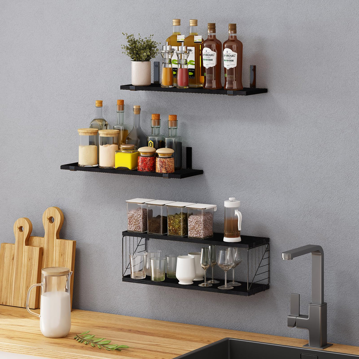 Fixwal 3+1 Tier Bathroom Floating Shelves Over Toilet, 15.8in Farmhouse Rustic Wood Shelves, Wall Decor for Bathroom, Living Room,Bedroom and Kitchen (Black) Fixwal