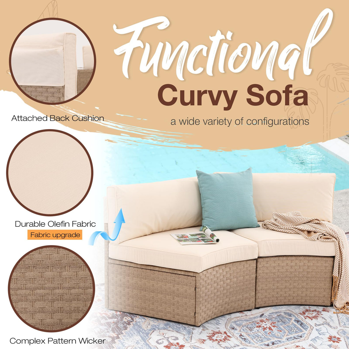 SUNSITT Outdoor Patio Furniture 11-Piece Half-Moon Sectional Round Patio Furniture Set Curved Outdoor Sofa with Tempered Glass Round Coffee Table, 4 Pillows, Natural Color Rattan SUNSITT