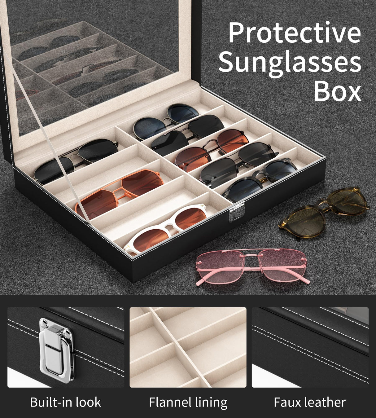 NEWLOOP Sunglass Organizer for Women Men - Multiple Pair of Sunglasses Storage Box Eye Glass Watch Leather Display Case with 10 Slots Black NEWLOOP