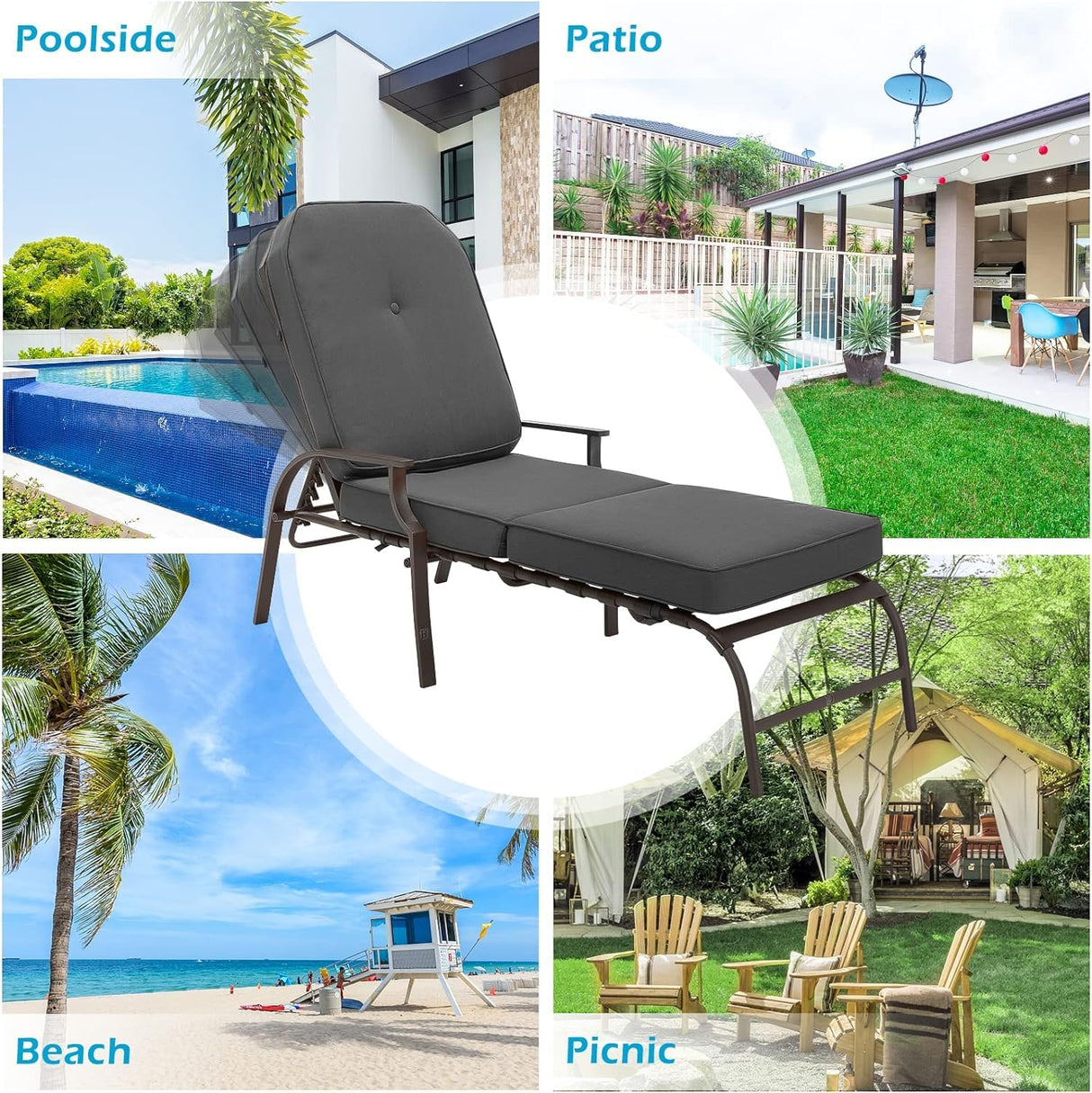 U-MAX Set of 2 Adjustable Outdoor Chaise Lounge Chair Patio Lounge Chair Recliner Furniture with Armrest and Cushion for Deck, Poolside, Backyard (Grey) U-MAX