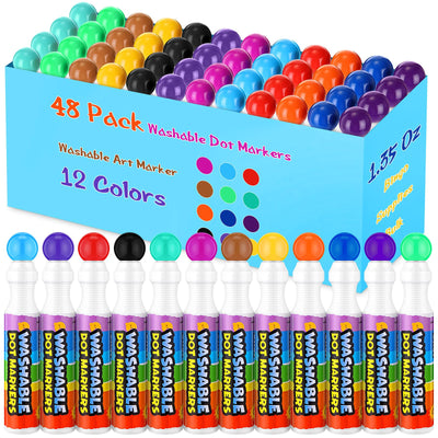 Crtiin 48 Pack Washable Dot Markers for Toddler Kids Preschool 1.35 Oz Bingo Supplies Bulk Washable Art Marker 12 Colors, Kid Painting Drawing Coloring Supplies, Paint Craft Kit Preschool Learning