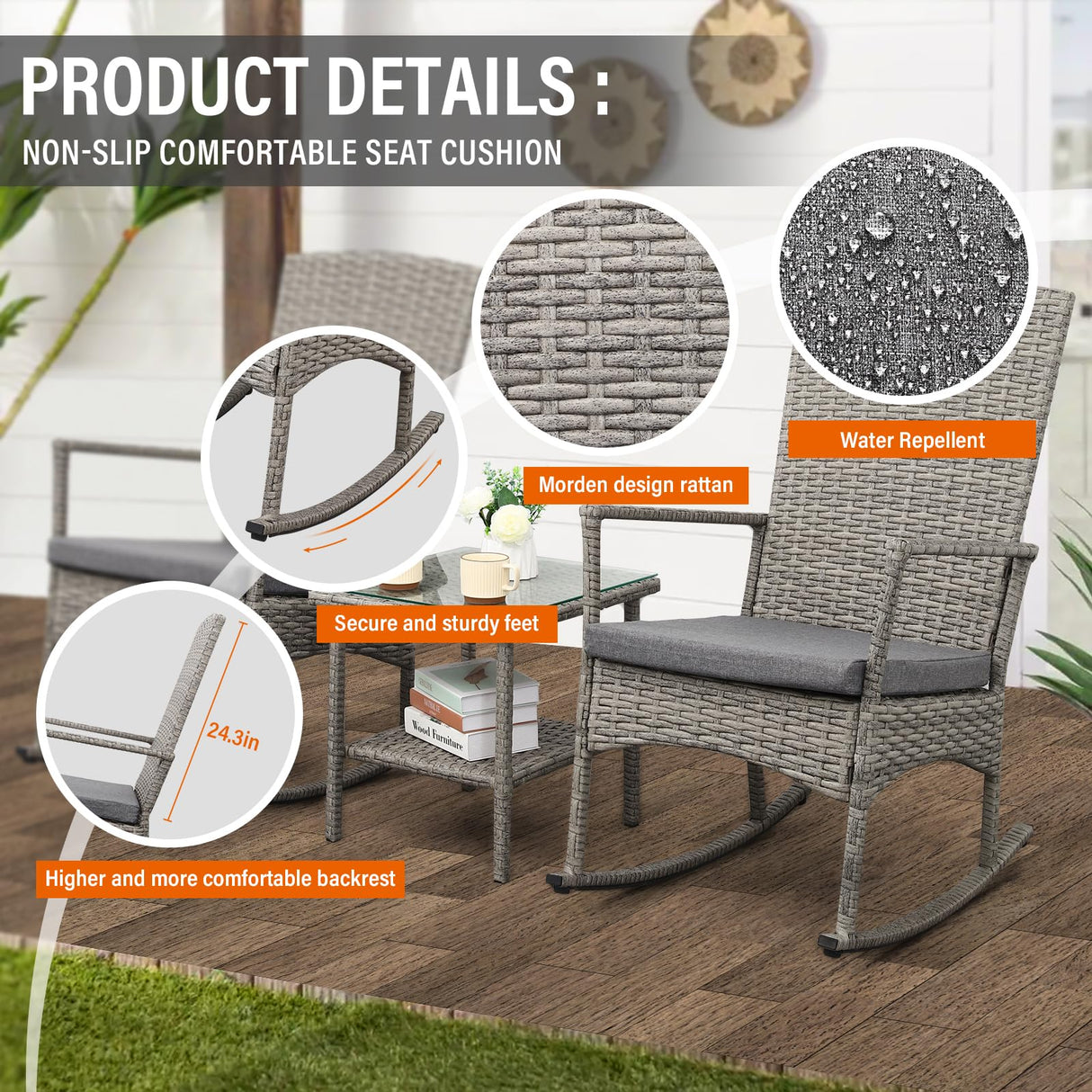 Valita 3 Piece Patio Rocking Chair Outdoor Rattan Bistro Set with Glass Top Table Conversation Set with Grey PE Wicker, Gray Cushion Valita