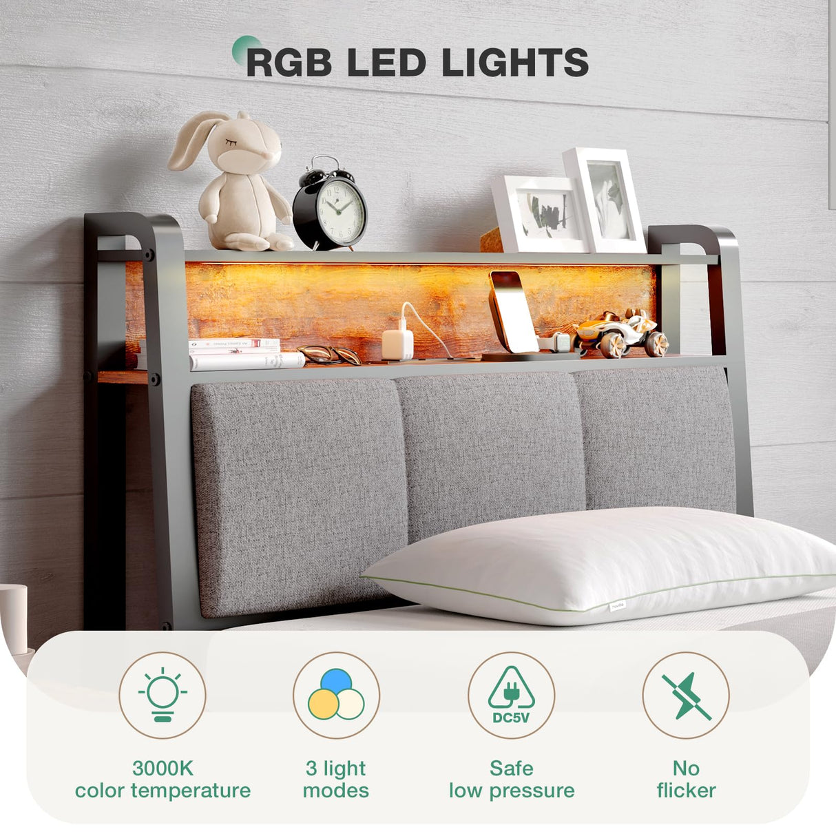 Novilla Twin Bed Frames for Kids with Charging Station and LED Lights, Upholstered Headboard with Storage Shelves, Heavy Duty Metal Slats, No Box Spring Needed, Easy Assembly Novilla