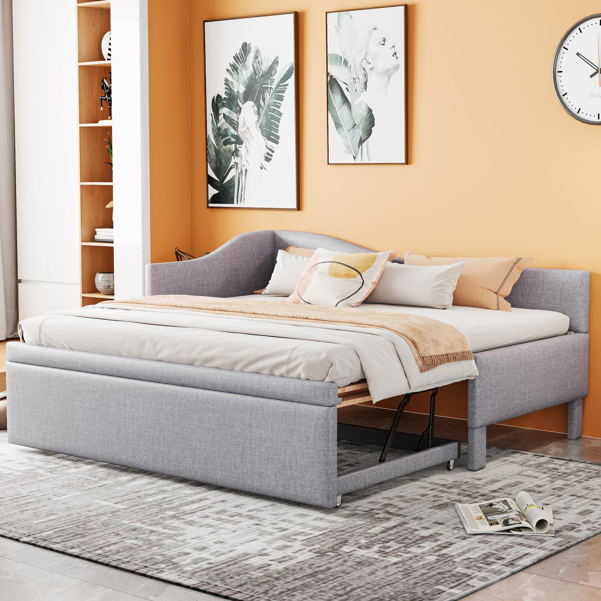 Twin Size Upholstered Daybed with Pop up Trundle,Linen Day Bed Frame with Extendable Trundle,Twin to King Daybed,Tufted Sofa Bed for Bedroom,Living Room,Guest,Gray Bellemave