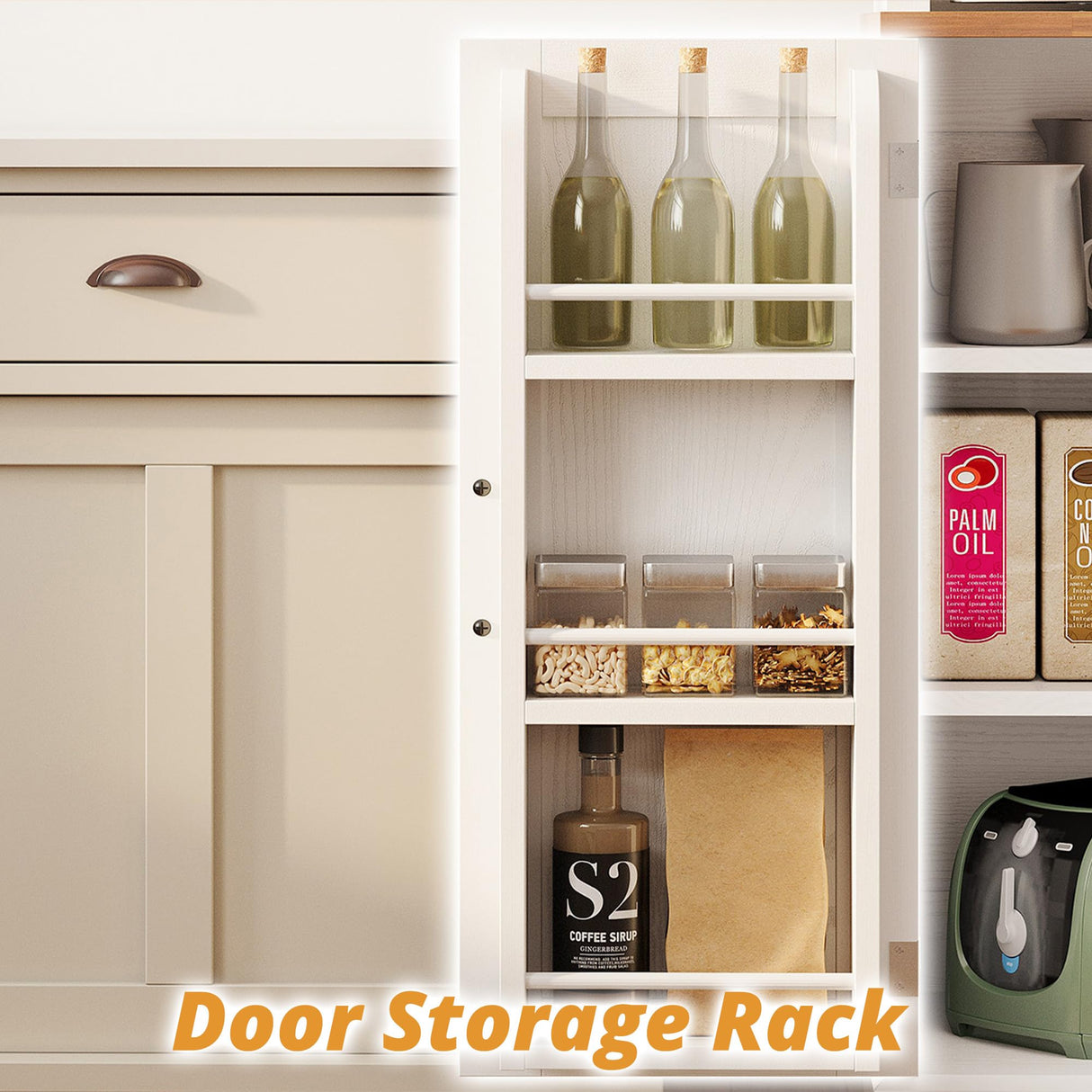 IRONCK Farmhouse Kitchen Pantry Cabinet with Charging Station, Kitchen Hutch Storage Cabinet with Microwave Stand and Rotating Rack for Kitchen, Dining Room, White IRONCK