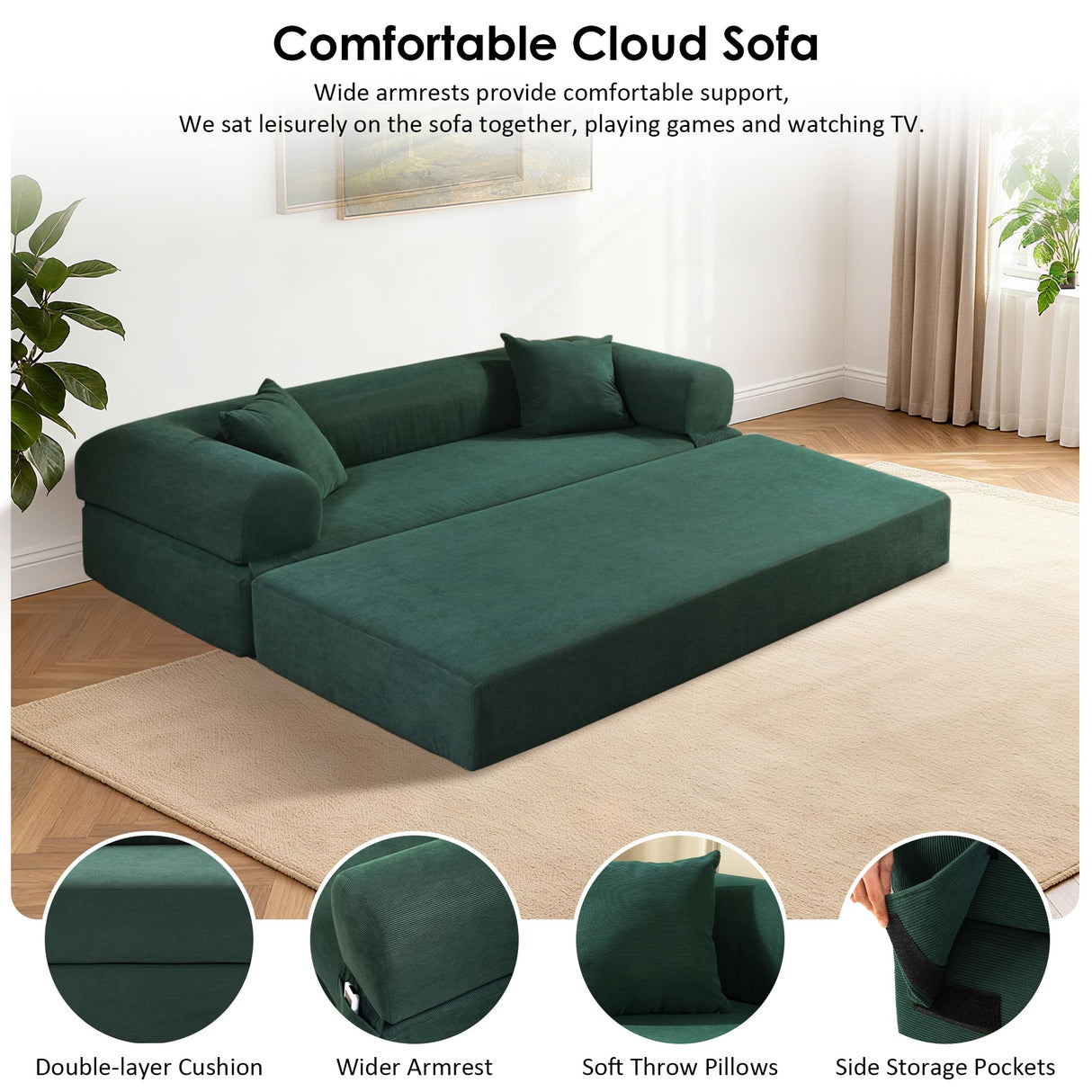 80" Convertible Sofa Bed, 3-in-1 Corduroy Folding Pull Out Couch with Pillows, No Assembly Modern Boneless Couch Compression Sofa in Box, Floor Sofa with Side Storage Pocket for Living Room,Dark Green Zyerch