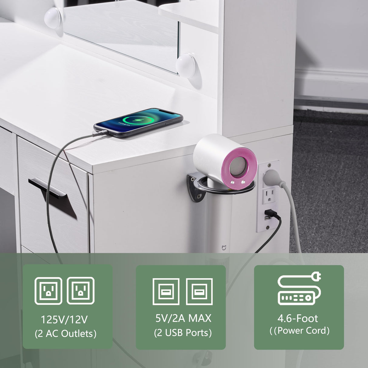 MECHYIN Vanity Desk with Lights, Make up Vanity Desk with Mirror and Power Outlet, Large Makeup Vanity with Dividers and Hair Dryer Rack, Vanity Set 3 Lighting Modes Brightness Adjustable MECHYIN