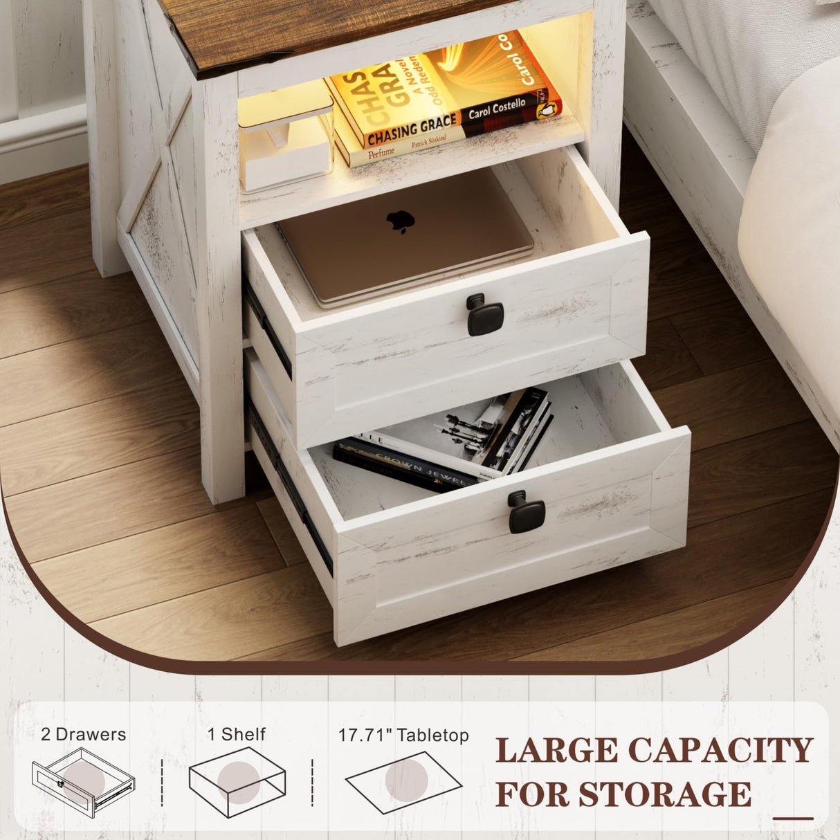 FREDEES Farmhouse Nightstand with Charging Station & Power Outlets, Smart LED Night Stand with Human Sensor 3 Color Lights&Drawers, Farmhouse End Side Table for Bedroom/Living Room, Antique White FREDEES