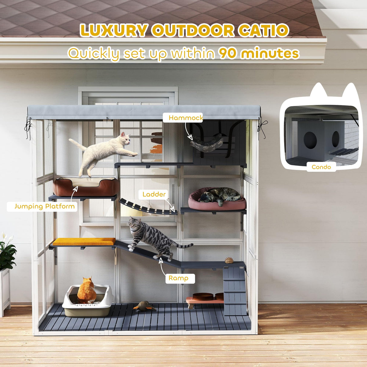 PawHut Catio Outdoor Cat Enclosure, Large Luxury Cat House Outside with Hammock, Condo, Jump Platforms, Ladders, Ramps, Tarp, Walk in Cat Cage for 2-4 Large Cats, 71" PawHut