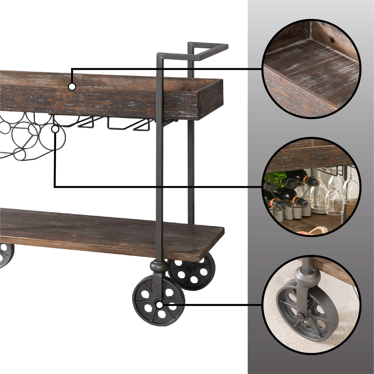 FirsTime & Co. Factory Row Industrial Farmhouse Bar Kitchen and Coffee Serving Cart with Wine Rack, Wheels and Handles, Aged Black, 32.75 L x 14.25 W x 29.75 H inches, Rustic Brown FirsTime & Co.