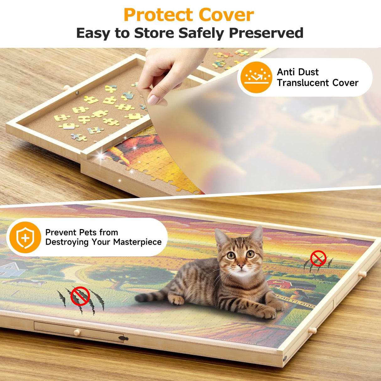 1500 Piece Puzzle Board, 35''x26'' Portable Puzzle Table, 6 Drawers, PP Cover, Lazy Susan Spinning Jigsaw Puzzle Table with Drawers and Cover, Wooden Puzzle Board, for All Age BEUSZATED