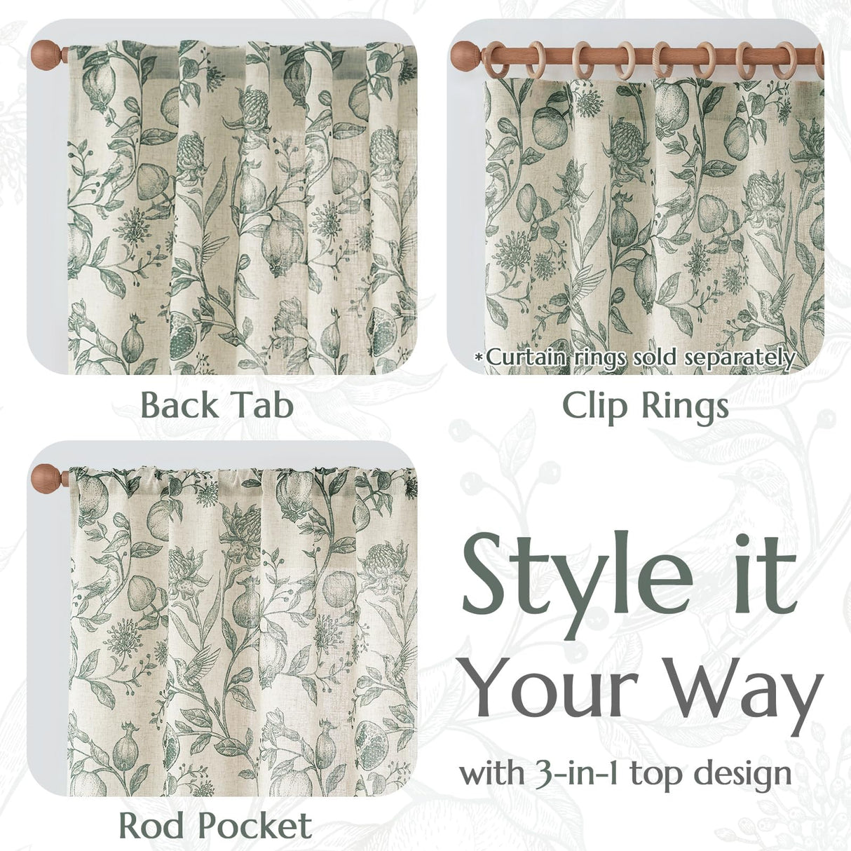 jinchan Linen Curtains Floral Curtain for Living Room 84 Inch Long Dark Green French Back Tab Light Filtering Toile Print Farmhouse Bedroom Curtains Window Drapes Set 2 Panels jinchan