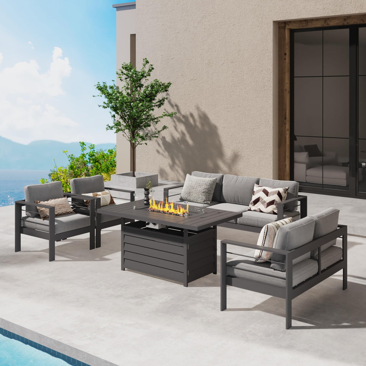 Wisteria Lane 7 Seats Aluminum Outdoor Patio Furniture Set with 54 Inch Propane Gas Fire Pit Table, Modern Patio Conversation Sets with Outdoor Sectional Couch for Backyard, Garden, Dark Grey Wisteria Lane