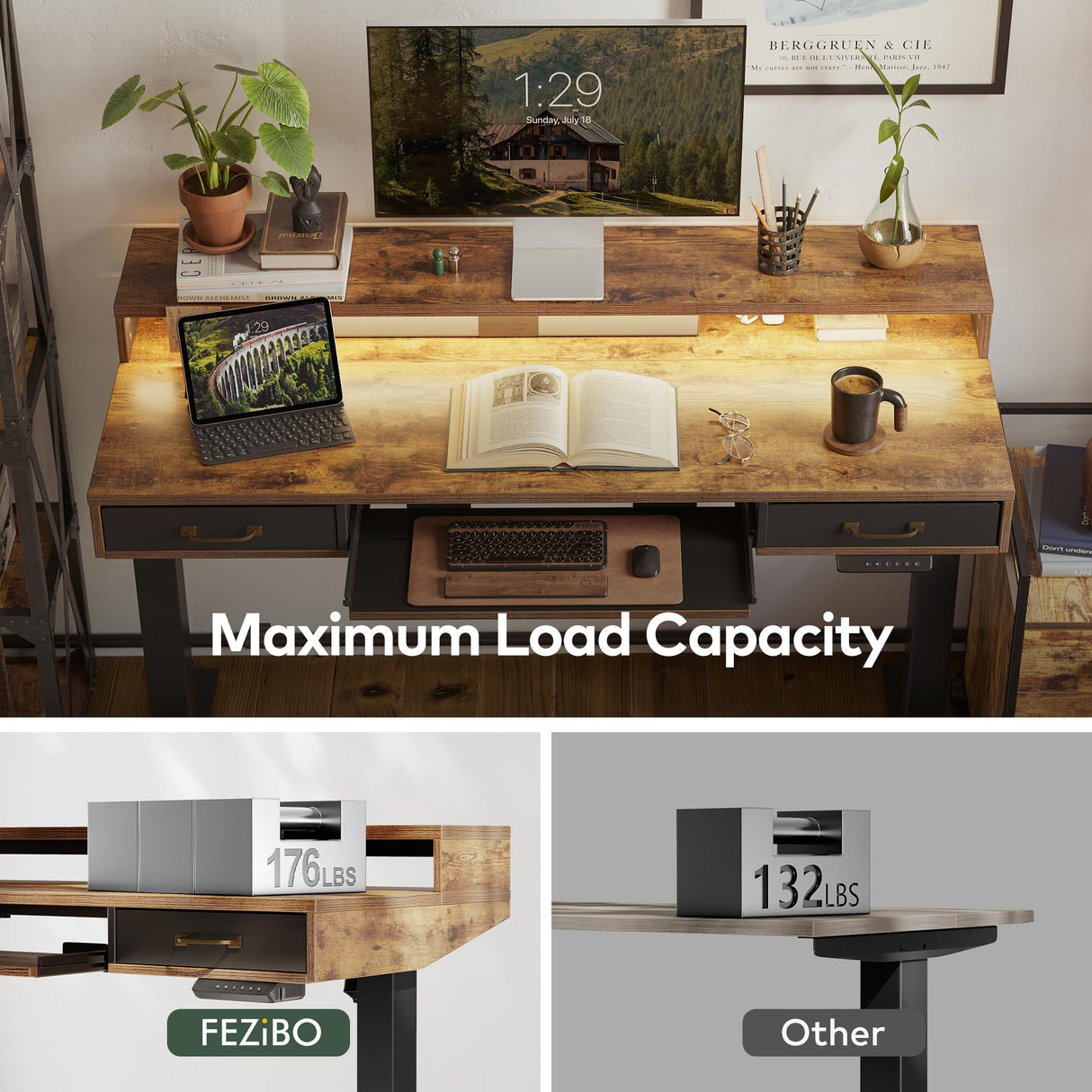 FEZIBO 48 x 24 Inch Height Adjustable Electric Standing Desk with Double Drawers&Keyboard Tray, Stand Up Desk with LED Strips&Stand,Rustic Brown FEZIBO