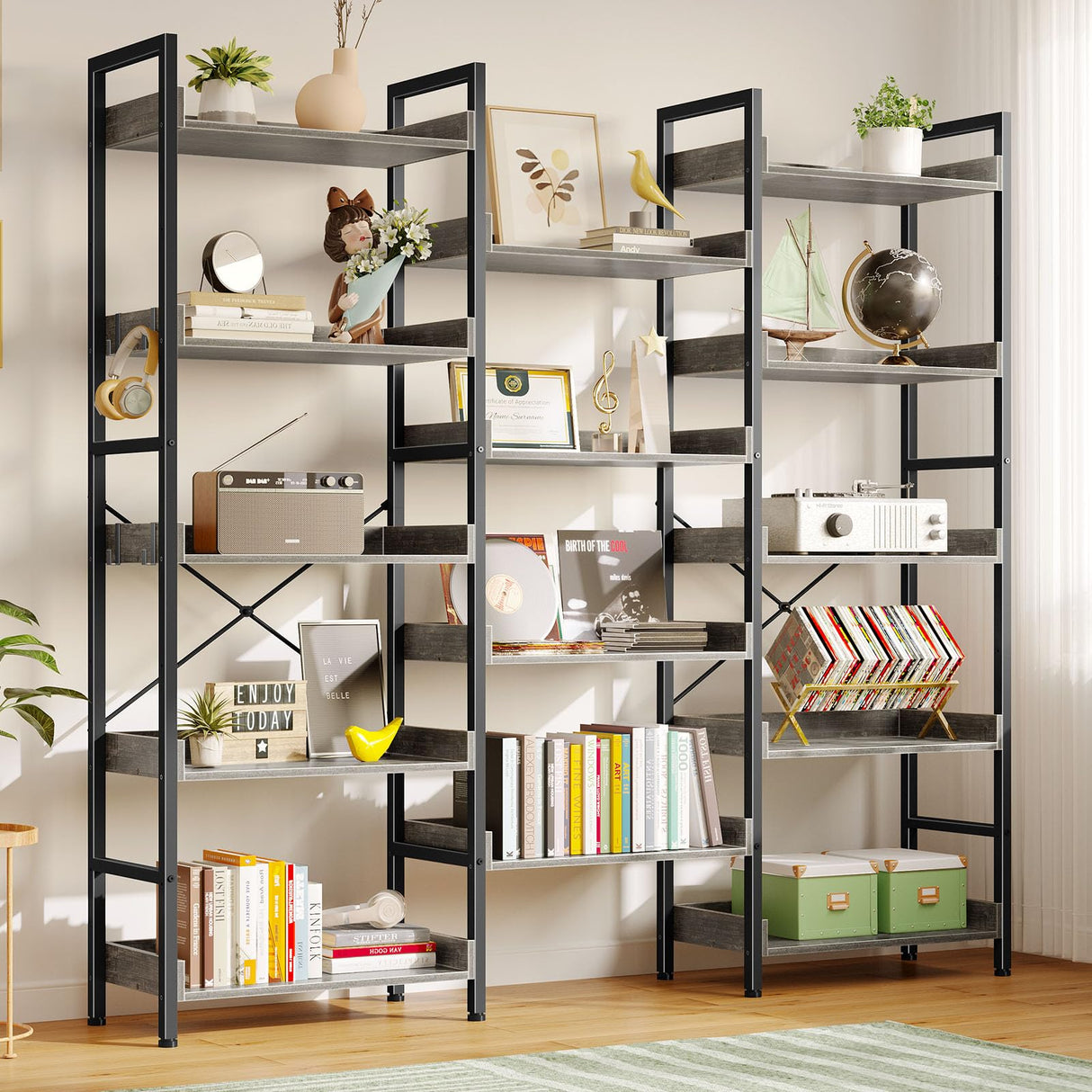 Rolanstar Bookshelf 5 Tiers, Triple Bookcase with Open Display Shelves, Industrial Wide Bookshelf with Metal Frame for Living Room, Office, Grey Rolanstar