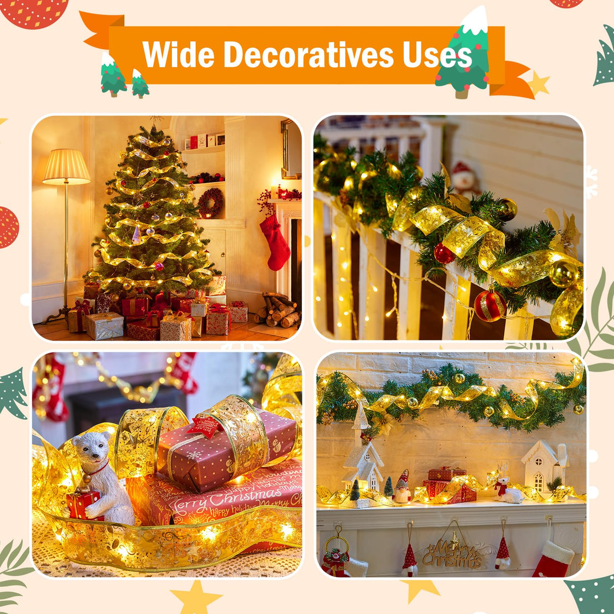 Minetom Christmas Tree Ribbon String Lights - 33ft 100 LED Battery Powered Fairy Lights with Timer and 8 Lighting Modes, Christmas Ribbon Bows Lights for 6ft - 8ft Christmas Tree New Year Decor, Gold Minetom