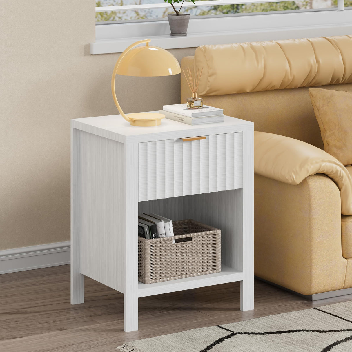 Anbuy White Nightstands Set of 2,Fluted Nightstands with Metal Handle,Wooden End Side Table White Bedside Table for Bedroom,Living Room Anbuy