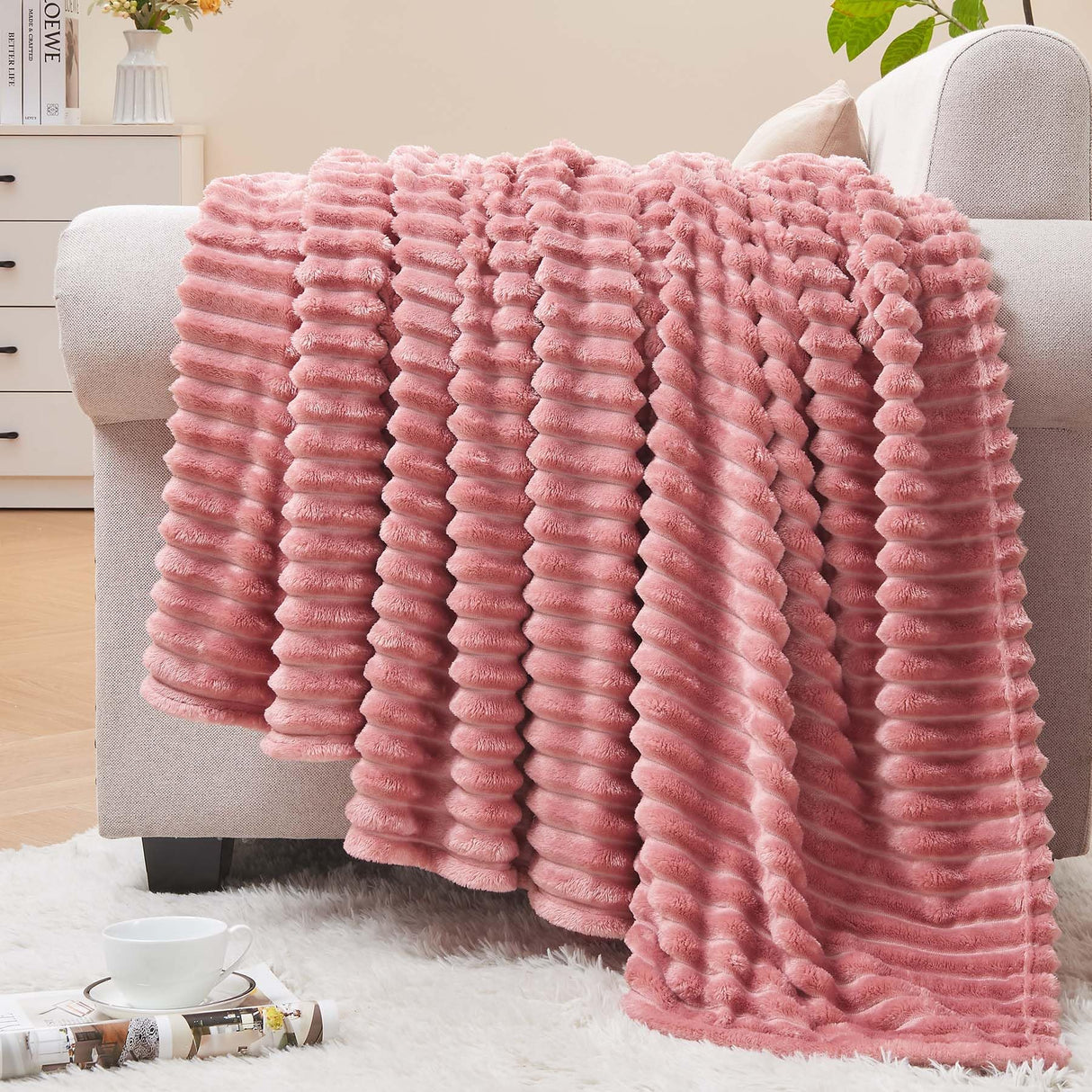 BEDELITE Fleece Throw Blanket for Couch – 3D Ribbed Jacquard Soft and Warm Decorative Fuzzy Blanket – Cozy, Fluffy, Plush Lightweight Pink Throw Blankets for Bed, Sofa, 50x60 inches BEDELITE