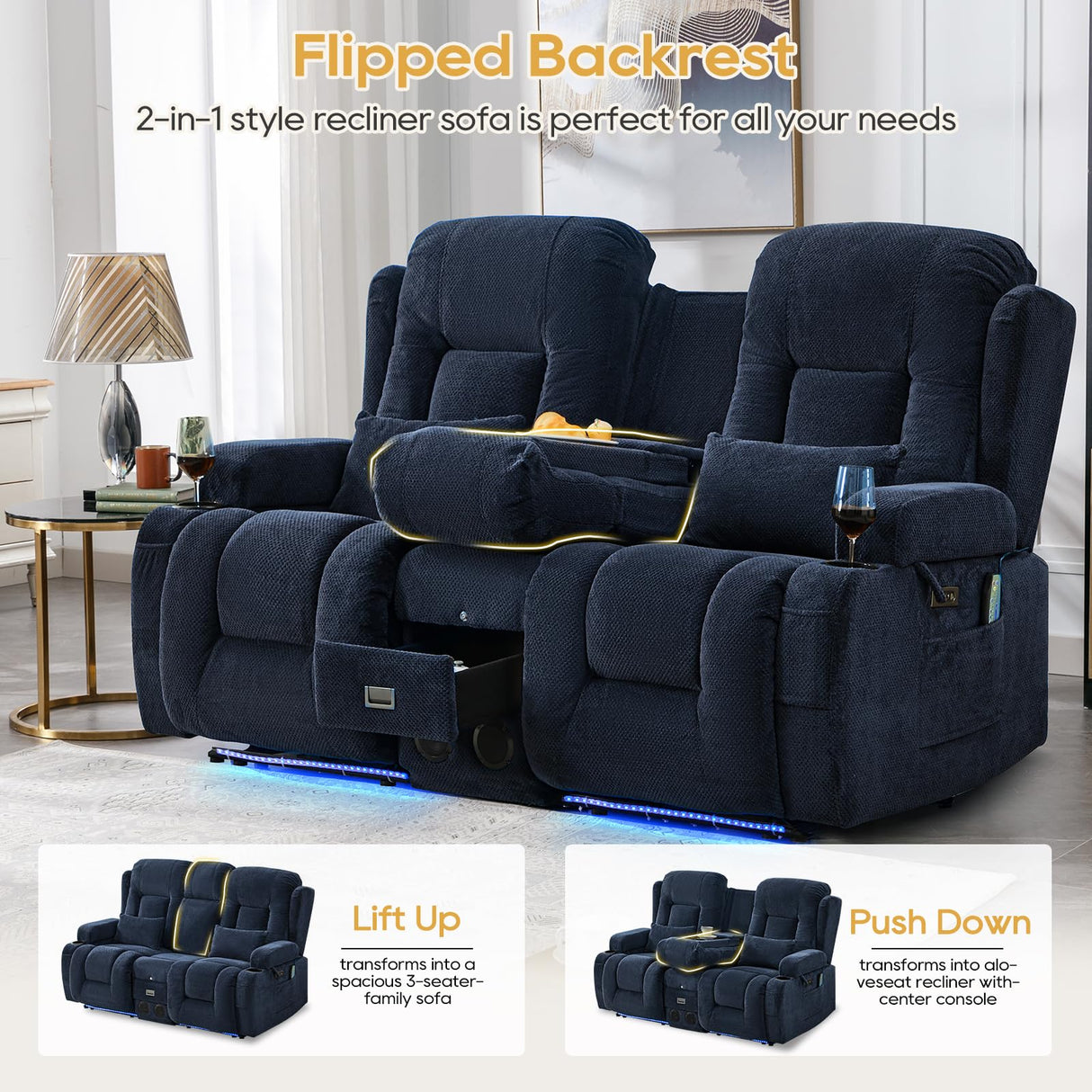 IPKIG Power Loveseat Recliner Sofa with Flip-Up Backrest Console, Drawer, AC Outlet, LED Light, Bluetooth Speakers, Wall Hugger Recliners for Living Room, RV, Home Theater (Navy Blue, Loveseat) IPKIG