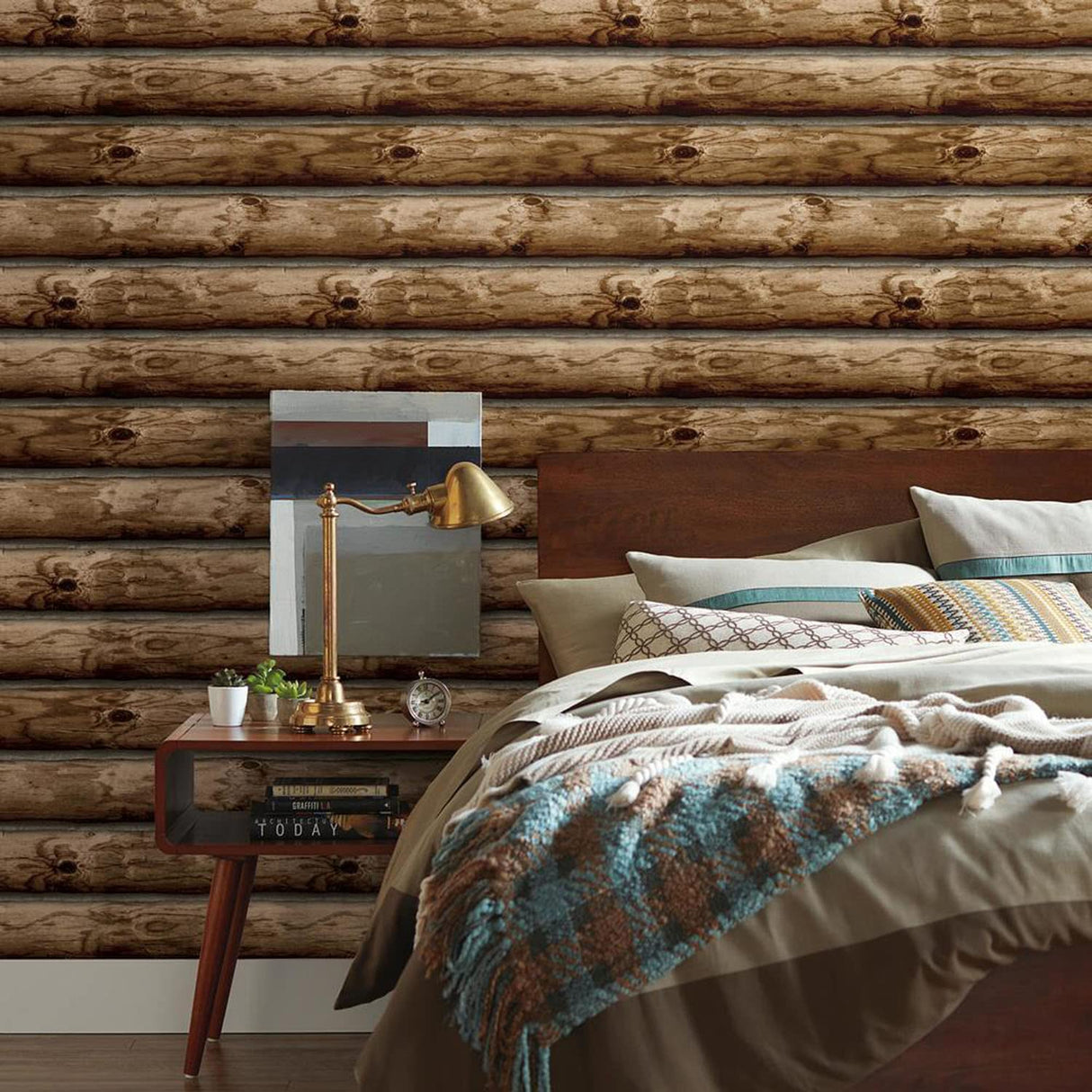 RoomMates RMK11308WP Brown Cabin Logs Peel and Stick Wallpaper RoomMates
