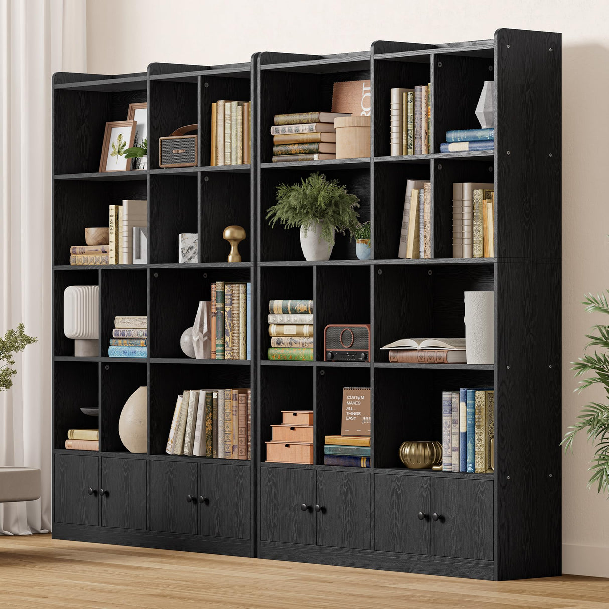 IRONCK Bookshelves and Bookcase, 6 Tiers Large Bookshelf with 4 Doors, Floor Standing Tall Display Storage Shelves for Home Office, Living Room, Bedroom, Black IRONCK